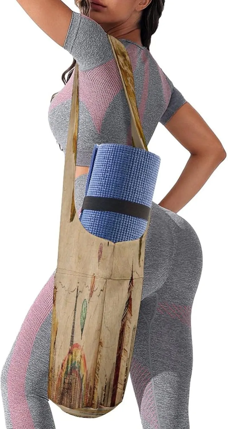 Nugier Yoga Mat Bag, Soft Canvas Storage Bag Fashion Mat Bag Pocket Shoulder Strap Clothes Dorm Organizer Print European Travel Concept World Map Statue of Liberty
