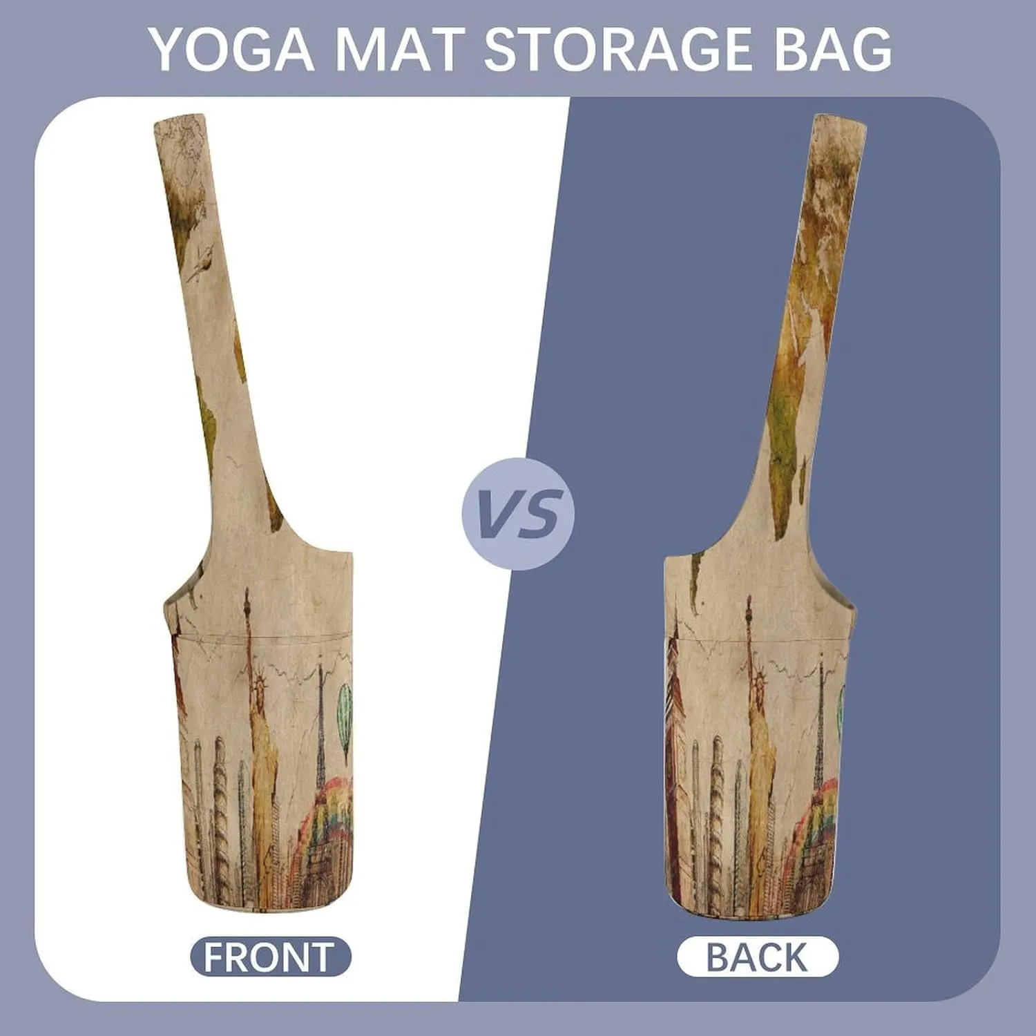Nugier Yoga Mat Bag, Soft Canvas Storage Bag Fashion Mat Bag Pocket Shoulder Strap Clothes Dorm Organizer Print European Travel Concept World Map Statue of Liberty