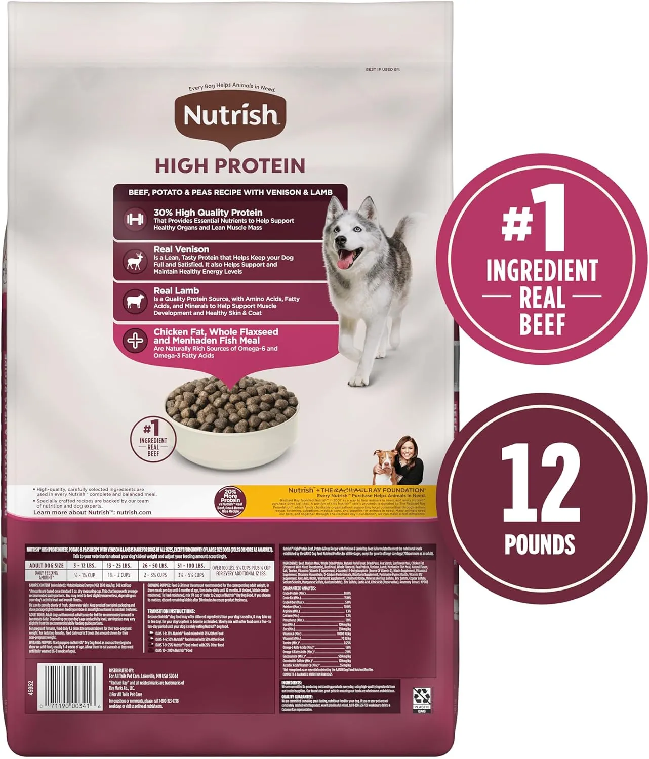 Nutrish High Protein Beef, Potato & Peas Recipe with Venison & Lamb Dry Dog Food, 12 lb. Bag, Packaging May Vary (Rachael Ray)
