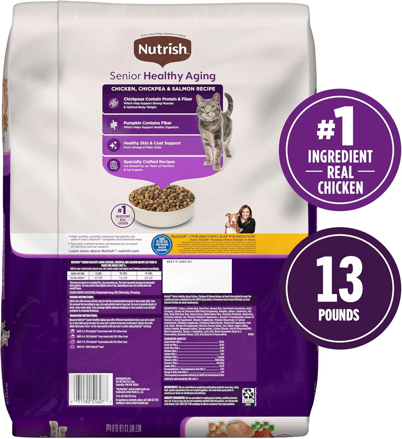 Nutrish Senior Healthy Aging Chicken, Chickpea and Salmon Dry Cat Food, 13 lb. Bag (Rachael Ray)