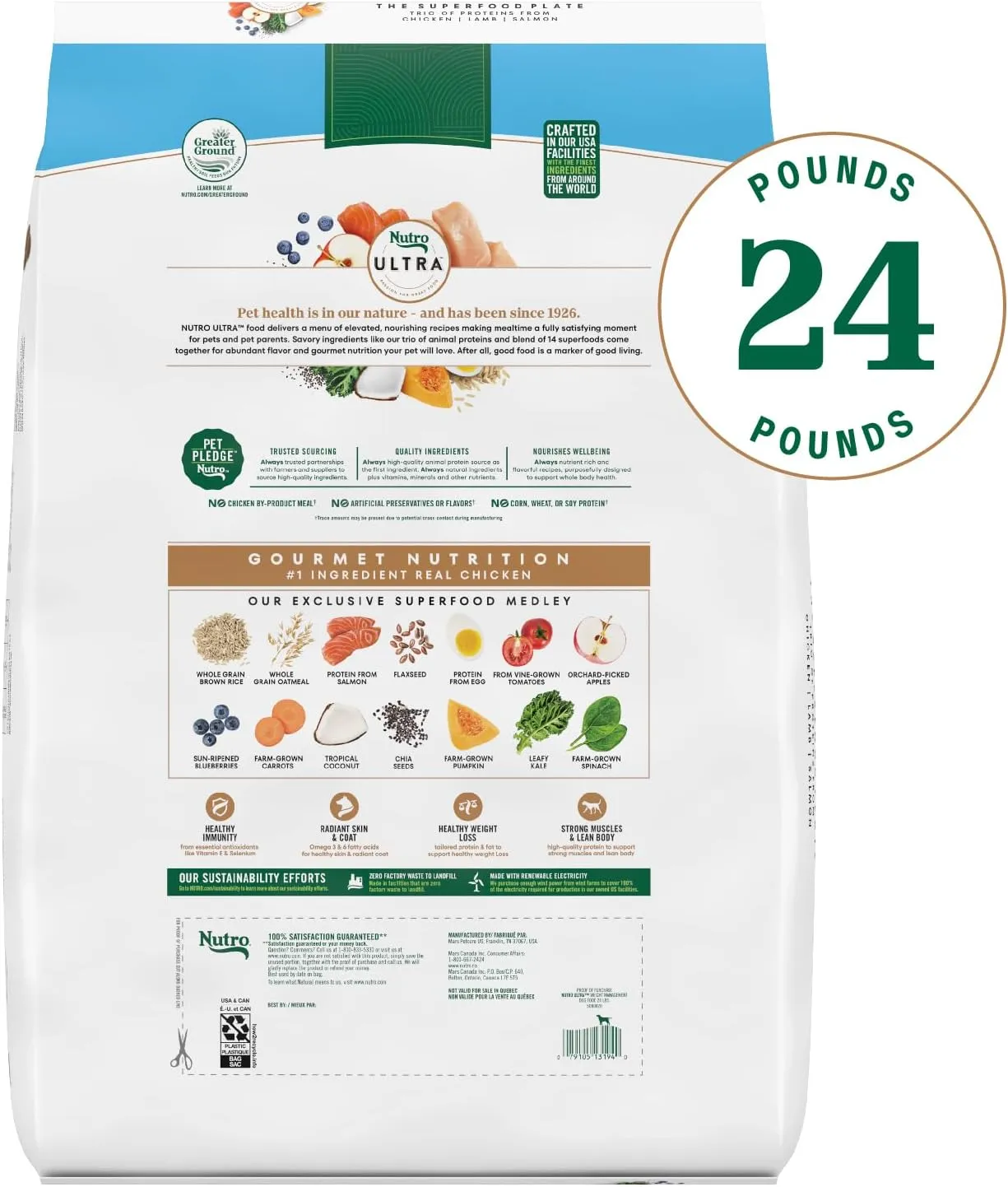 Nutro Ultra Adult Weight Management Dry Dog Food, Chicken, Lamb and Salmon Protein Trio, 24 lb. Bag