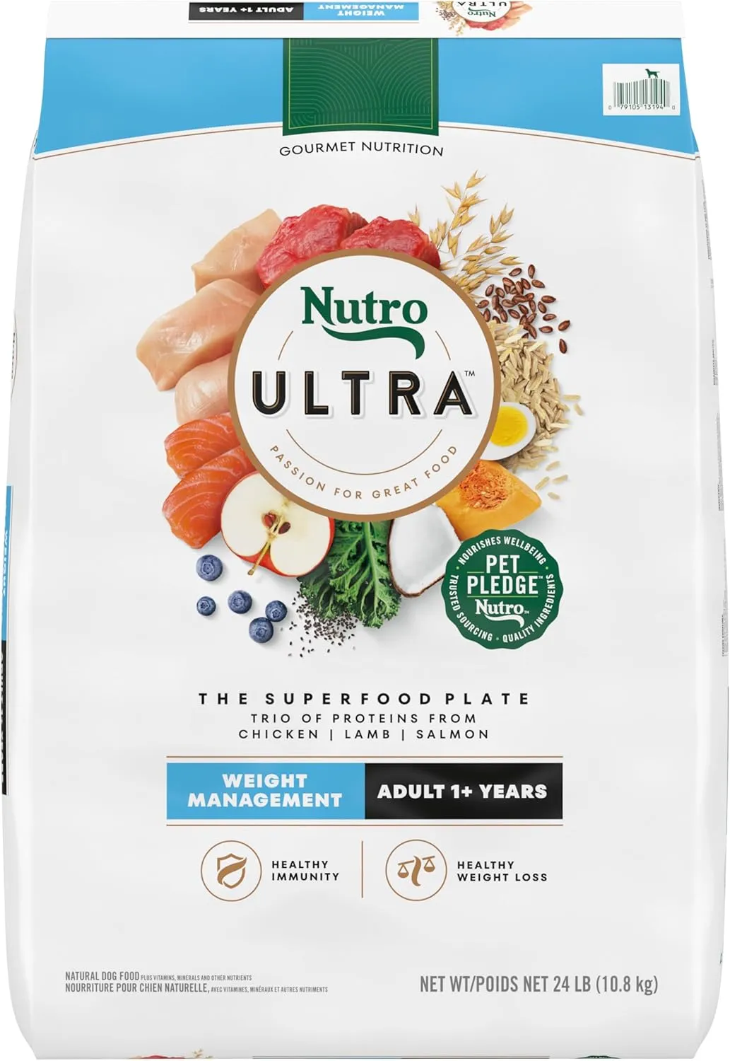 Nutro Ultra Adult Weight Management Dry Dog Food, Chicken, Lamb and Salmon Protein Trio, 24 lb. Bag