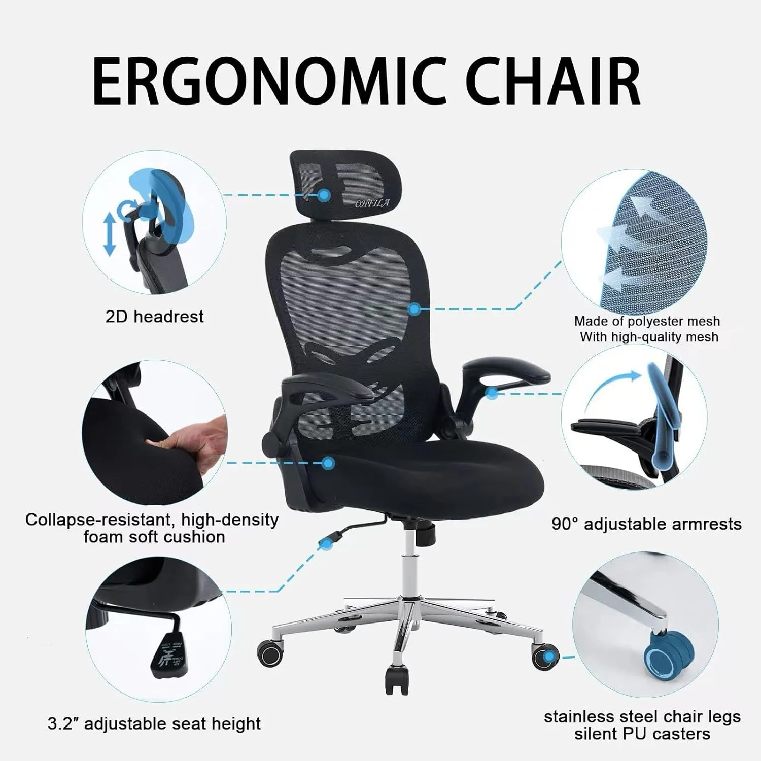Office Chair, Ergonomic Breathable Mesh Chair,Flip-Up Arms and Adjustable High Back Lumbar Support,Comfy Computer Chair for Home Office (Black, 407)