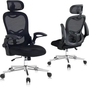 Office Chair, Ergonomic Breathable Mesh Chair,Flip-Up Arms and Adjustable High Back Lumbar Support,Comfy Computer Chair for Home Office (Black, 407)