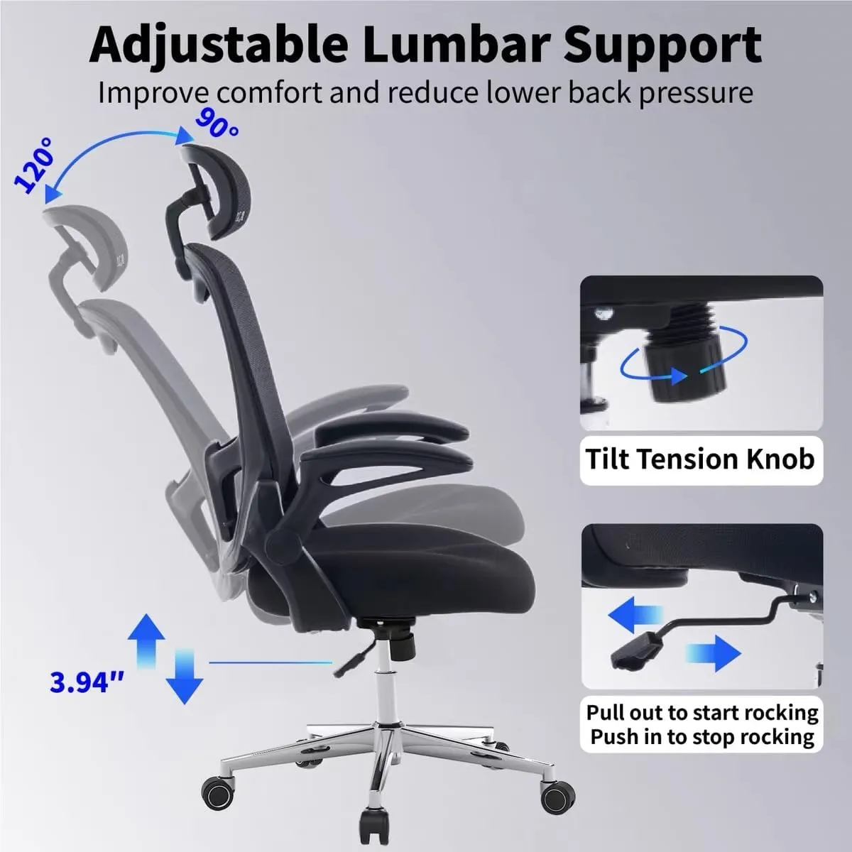Office Chair, Ergonomic Breathable Mesh Chair,Flip-Up Arms and Adjustable High Back Lumbar Support,Comfy Computer Chair for Home Office (Black, 407)