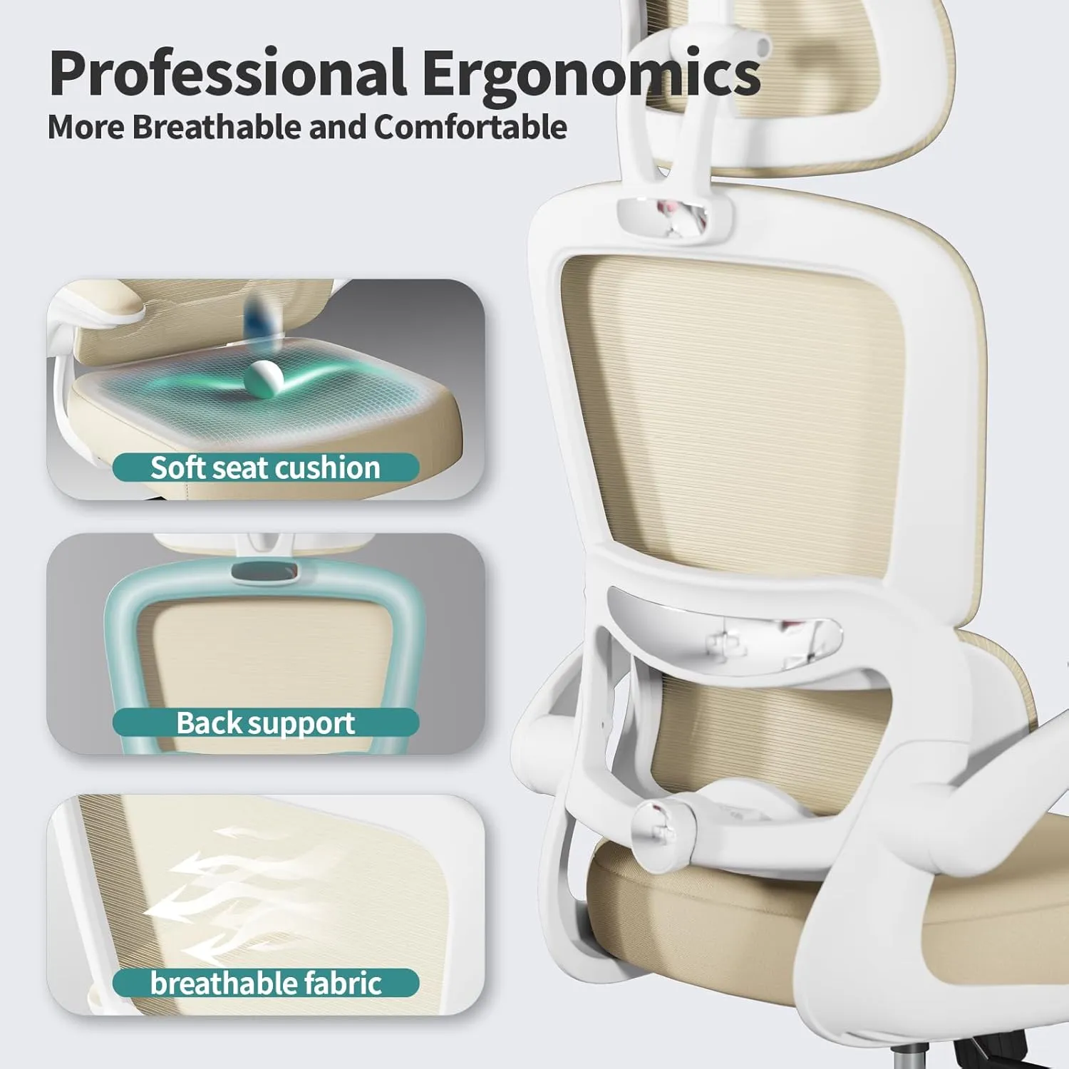 Office Chair Ergonomic Desk Chair, 330 LBS Home Mesh Office Desk Chairs with Wheels, Comfortable Gaming Chair, High Back Office Chair for Long Hours (Beige)