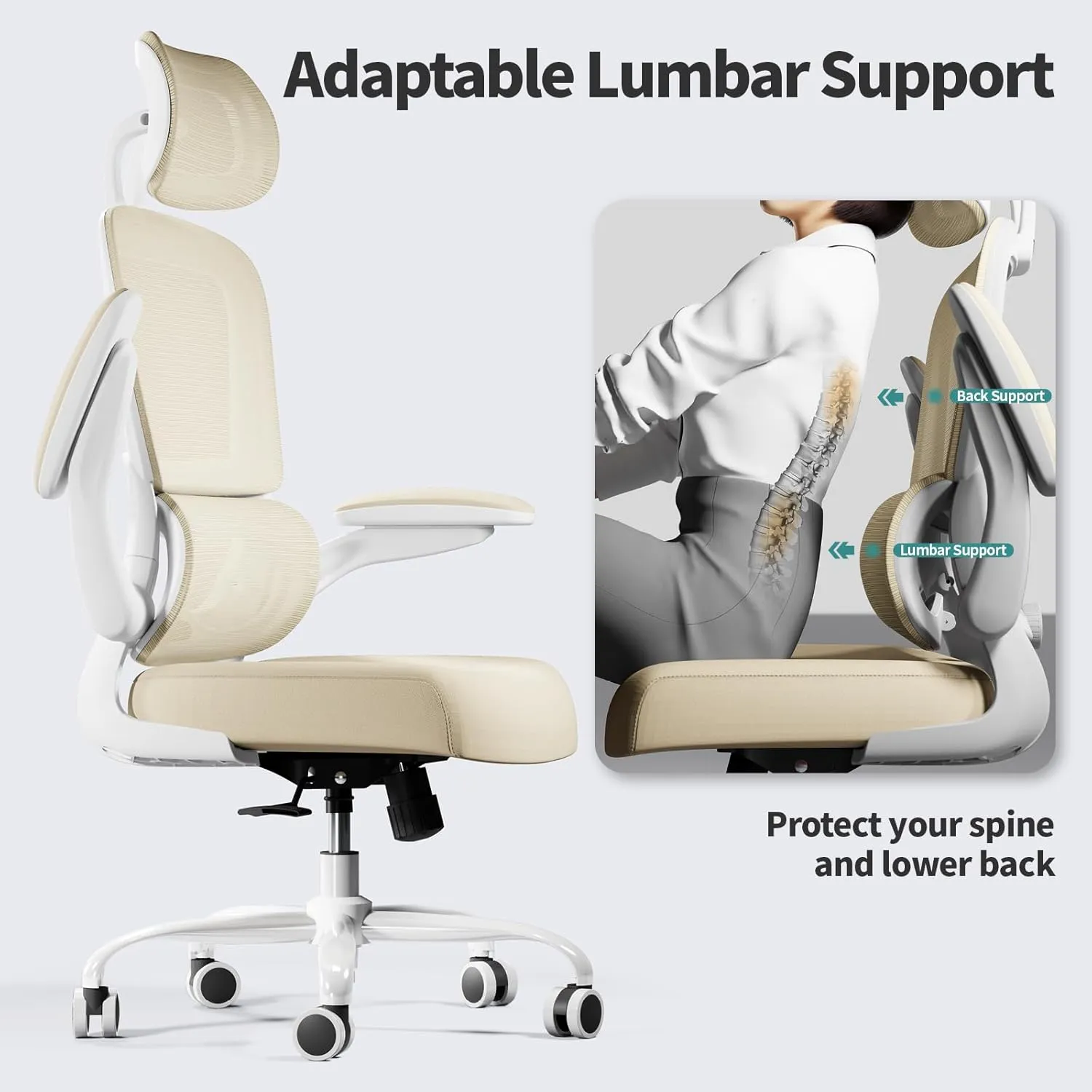 Office Chair Ergonomic Desk Chair, 330 LBS Home Mesh Office Desk Chairs with Wheels, Comfortable Gaming Chair, High Back Office Chair for Long Hours (Beige)