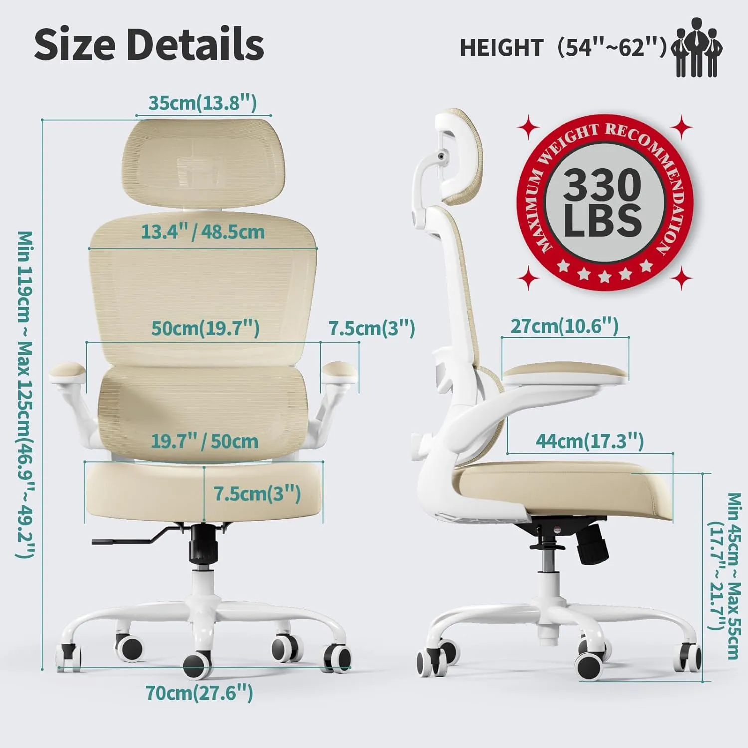 Office Chair Ergonomic Desk Chair, 330 LBS Home Mesh Office Desk Chairs with Wheels, Comfortable Gaming Chair, High Back Office Chair for Long Hours (Beige)
