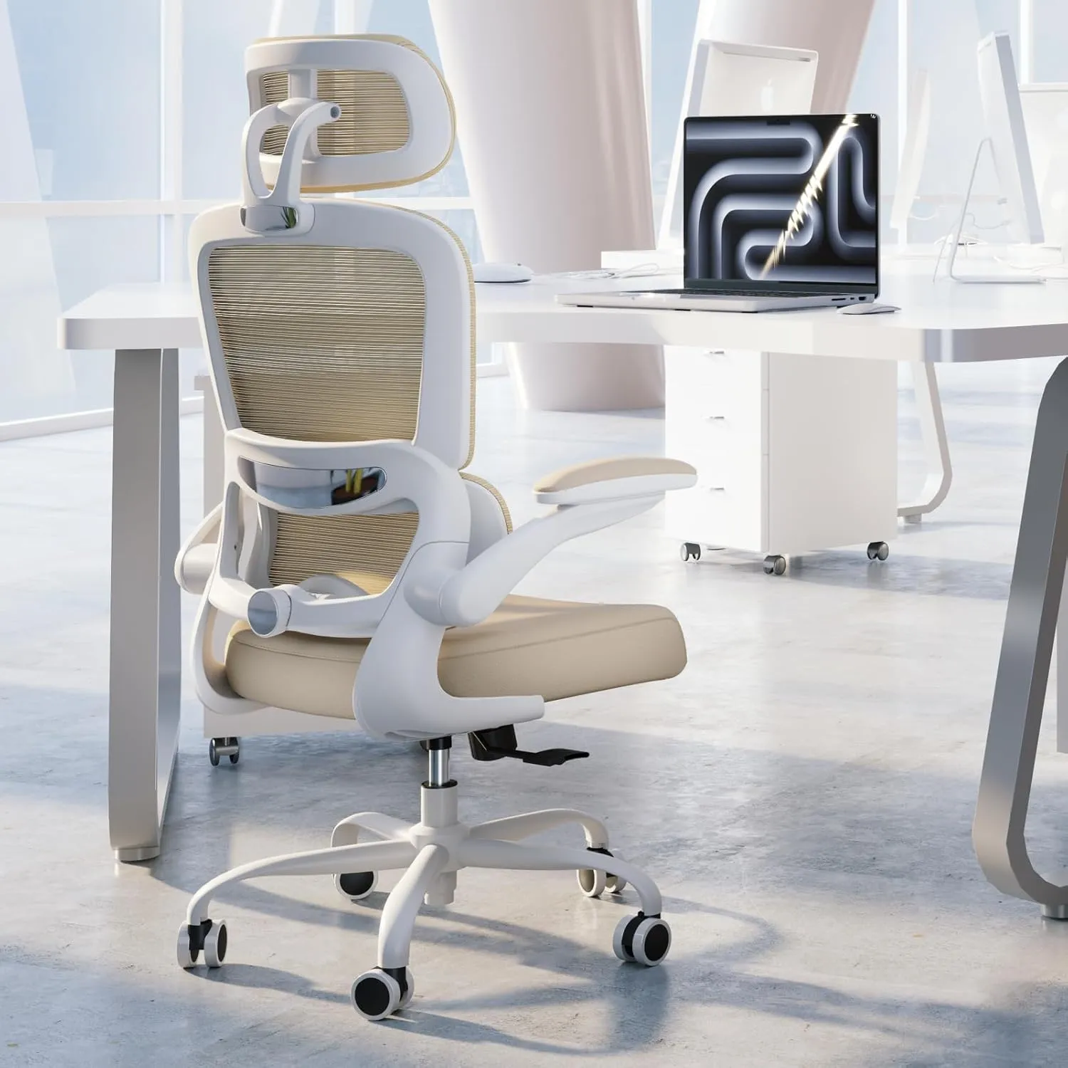 Office Chair Ergonomic Desk Chair, 330 LBS Home Mesh Office Desk Chairs with Wheels, Comfortable Gaming Chair, High Back Office Chair for Long Hours (Beige)