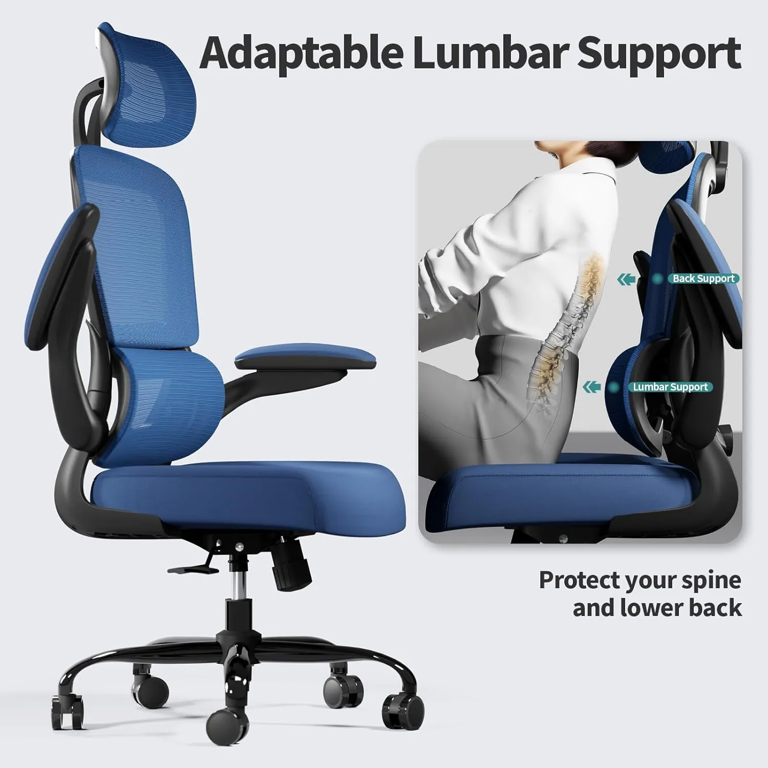 Office Chair Ergonomic Desk Chair, 330 LBS Home Mesh Office Desk Chairs with Wheels, Comfortable Gaming Chair, High Back Office Chair for Long Hours (Blue)