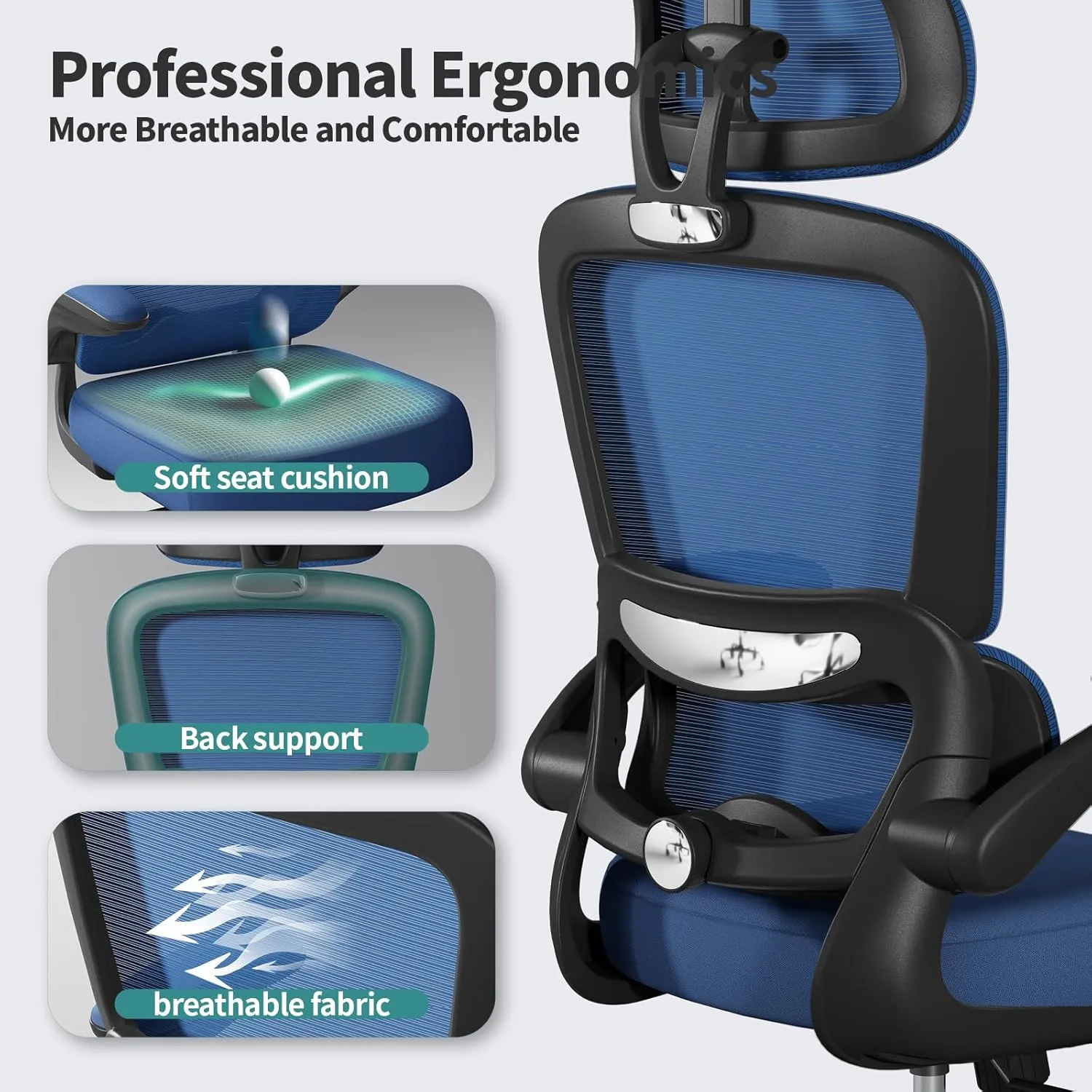 Office Chair Ergonomic Desk Chair, 330 LBS Home Mesh Office Desk Chairs with Wheels, Comfortable Gaming Chair, High Back Office Chair for Long Hours (Blue)