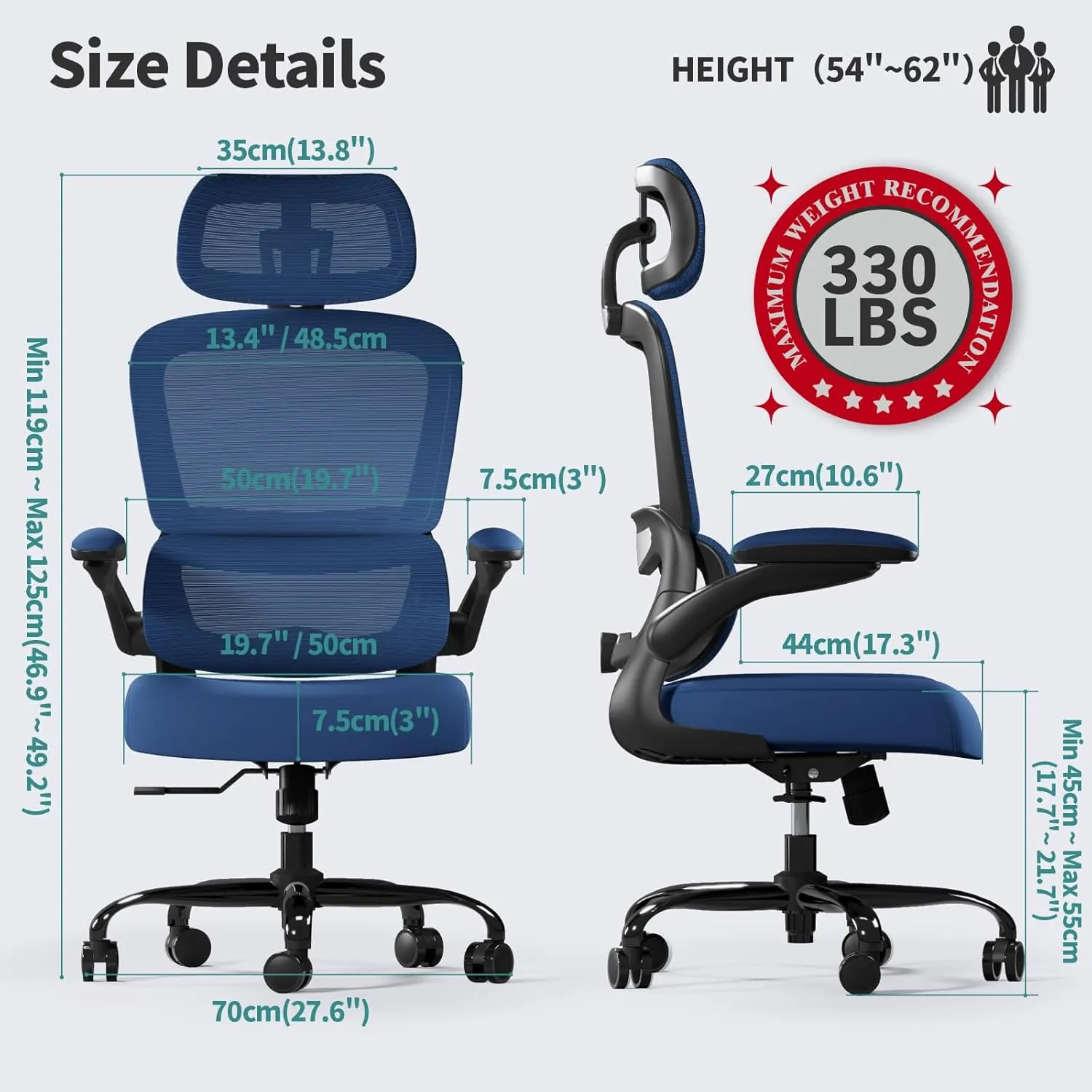 Office Chair Ergonomic Desk Chair, 330 LBS Home Mesh Office Desk Chairs with Wheels, Comfortable Gaming Chair, High Back Office Chair for Long Hours (Blue)