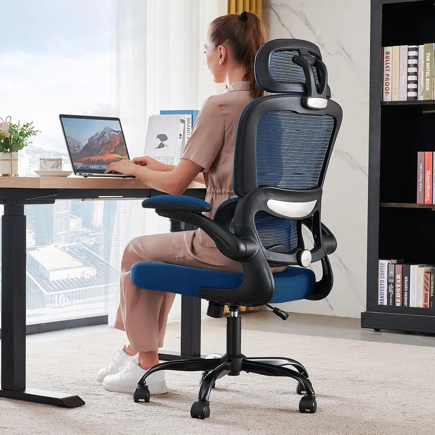 Office Chair Ergonomic Desk Chair, 330 LBS Home Mesh Office Desk Chairs with Wheels, Comfortable Gaming Chair, High Back Office Chair for Long Hours (Blue)