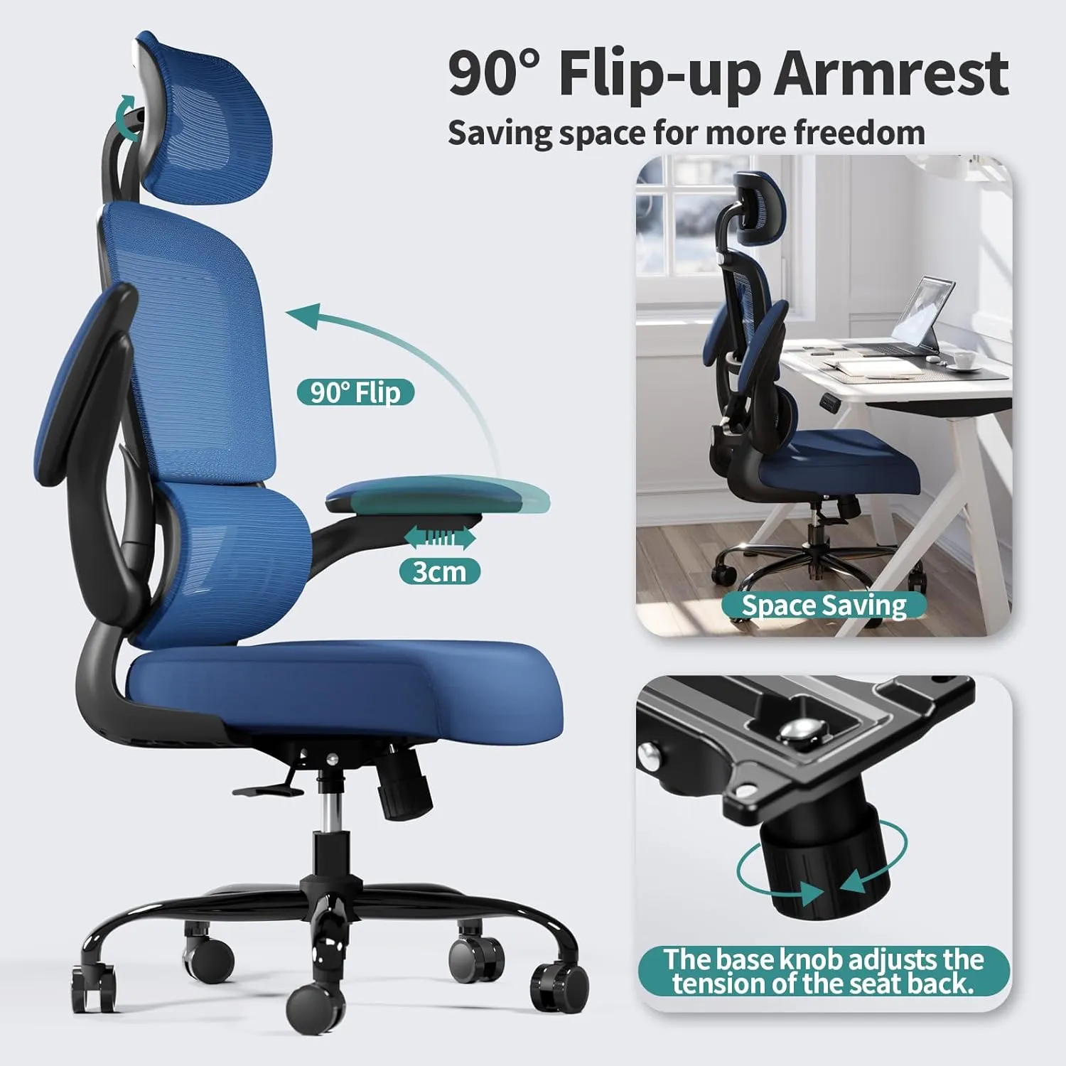 Office Chair Ergonomic Desk Chair, 330 LBS Home Mesh Office Desk Chairs with Wheels, Comfortable Gaming Chair, High Back Office Chair for Long Hours (Blue)