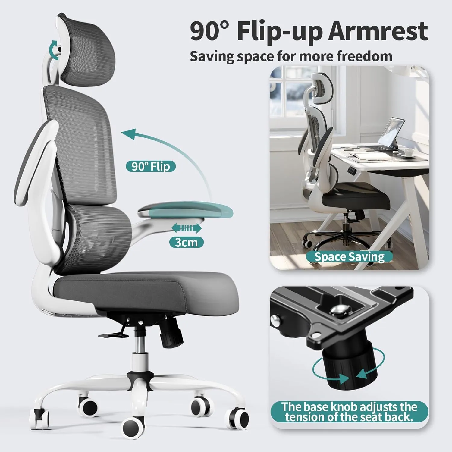Office Chair Ergonomic Desk Chair, 330 LBS Home Mesh Office Desk Chairs with Wheels, Comfortable Gaming Chair, High Back Office Chair for Long Hours (White)