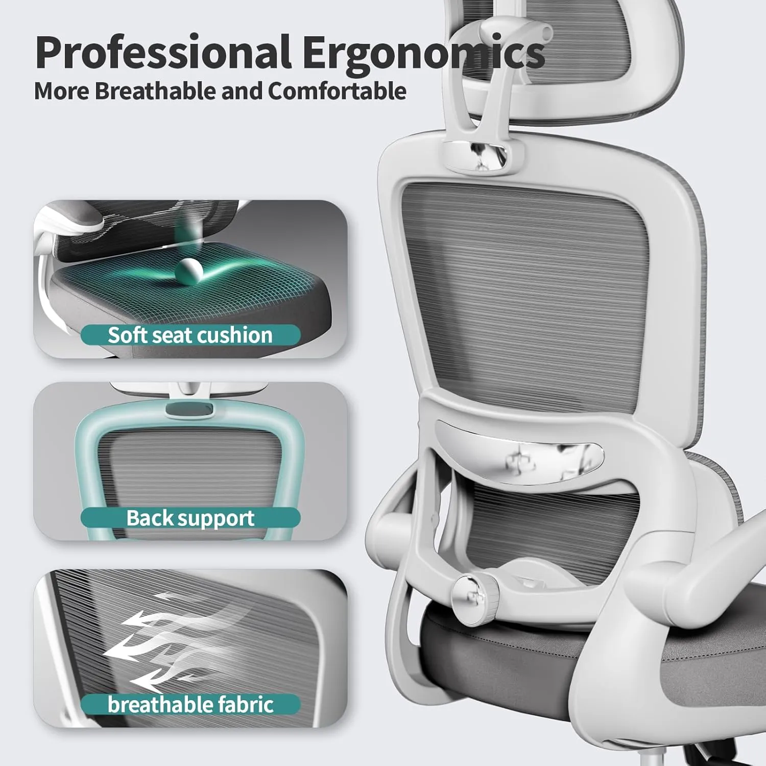 Office Chair Ergonomic Desk Chair, 330 LBS Home Mesh Office Desk Chairs with Wheels, Comfortable Gaming Chair, High Back Office Chair for Long Hours (White)