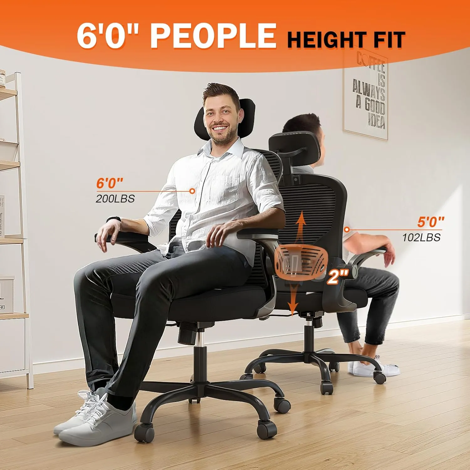 Office Chair Ergonomic Desk Chair, 330LBS Capacity, High Back Computer Chair for Long Hours Comfortable, Rolling Swivel Executive Task Chair for Home Office with Flip-up Armrests, Black
