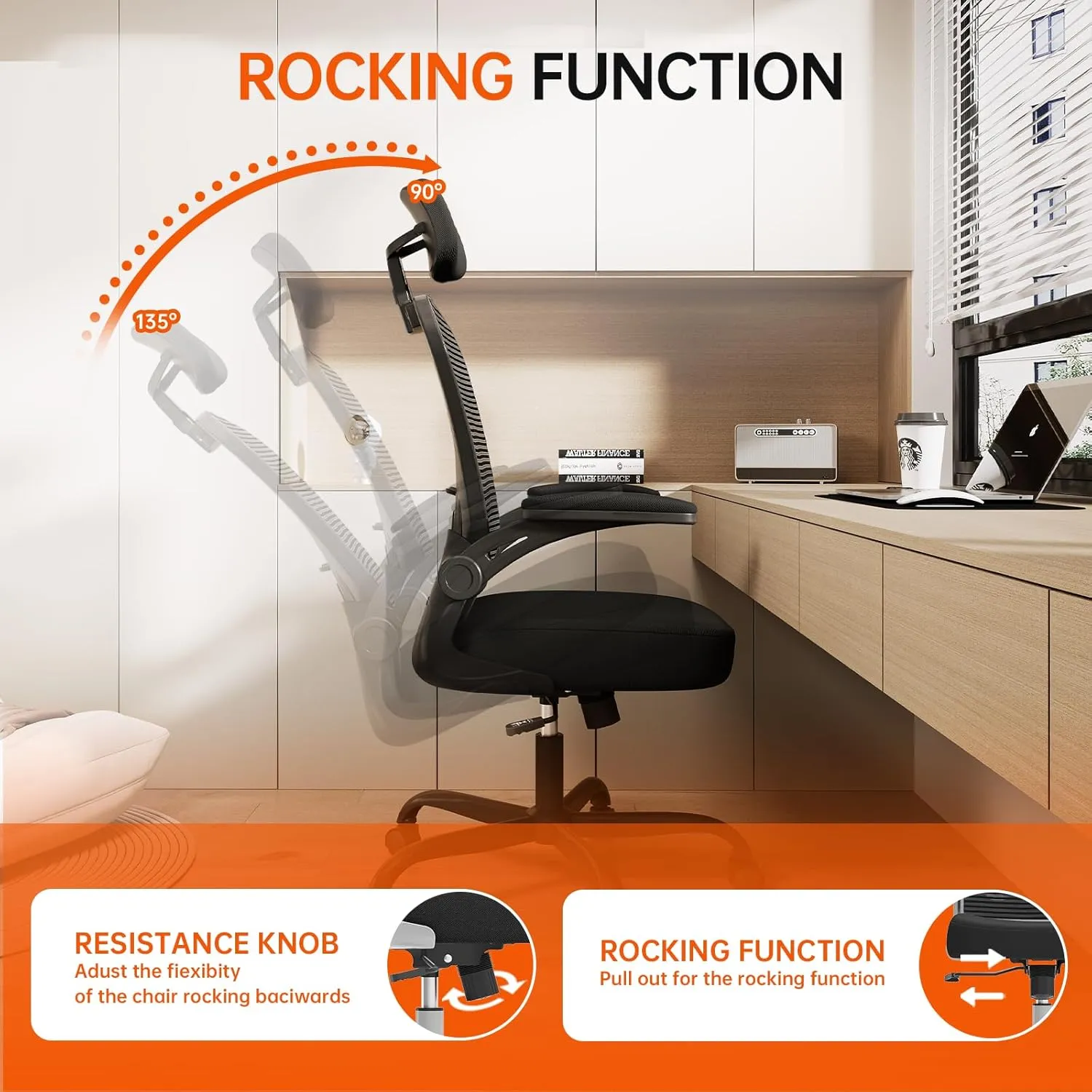 Office Chair Ergonomic Desk Chair, 330LBS Capacity, High Back Computer Chair for Long Hours Comfortable, Rolling Swivel Executive Task Chair for Home Office with Flip-up Armrests, Black