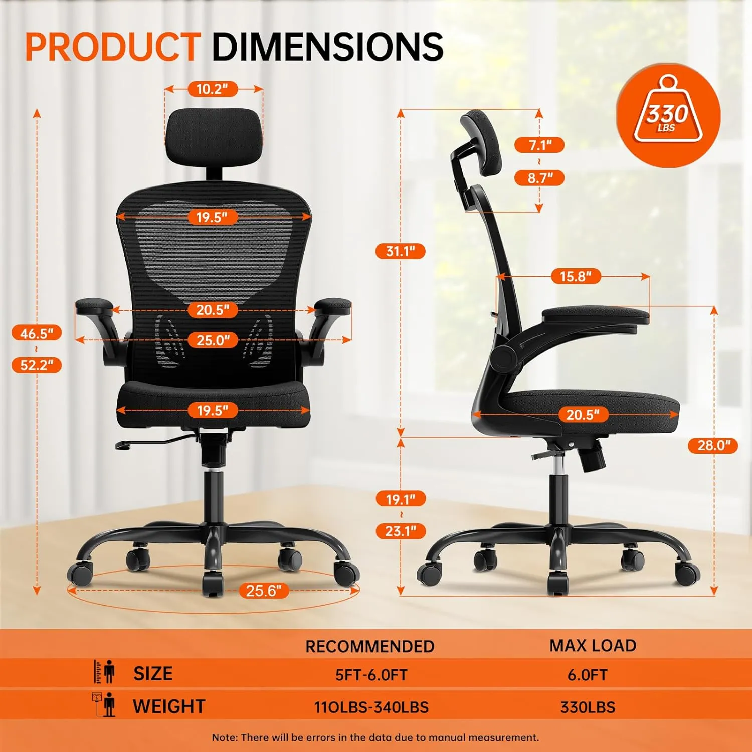 Office Chair Ergonomic Desk Chair, 330LBS Capacity, High Back Computer Chair for Long Hours Comfortable, Rolling Swivel Executive Task Chair for Home Office with Flip-up Armrests, Black
