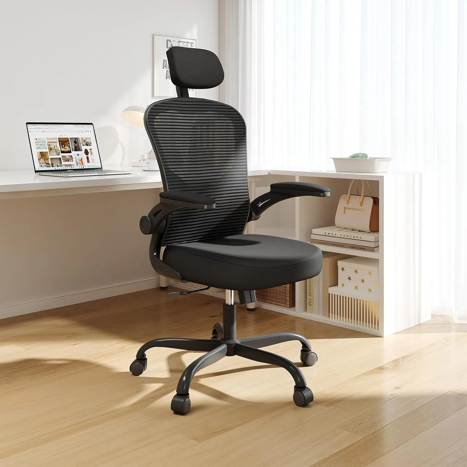 Office Chair Ergonomic Desk Chair, 330LBS Capacity, High Back Computer Chair for Long Hours Comfortable, Rolling Swivel Executive Task Chair for Home Office with Flip-up Armrests, Black