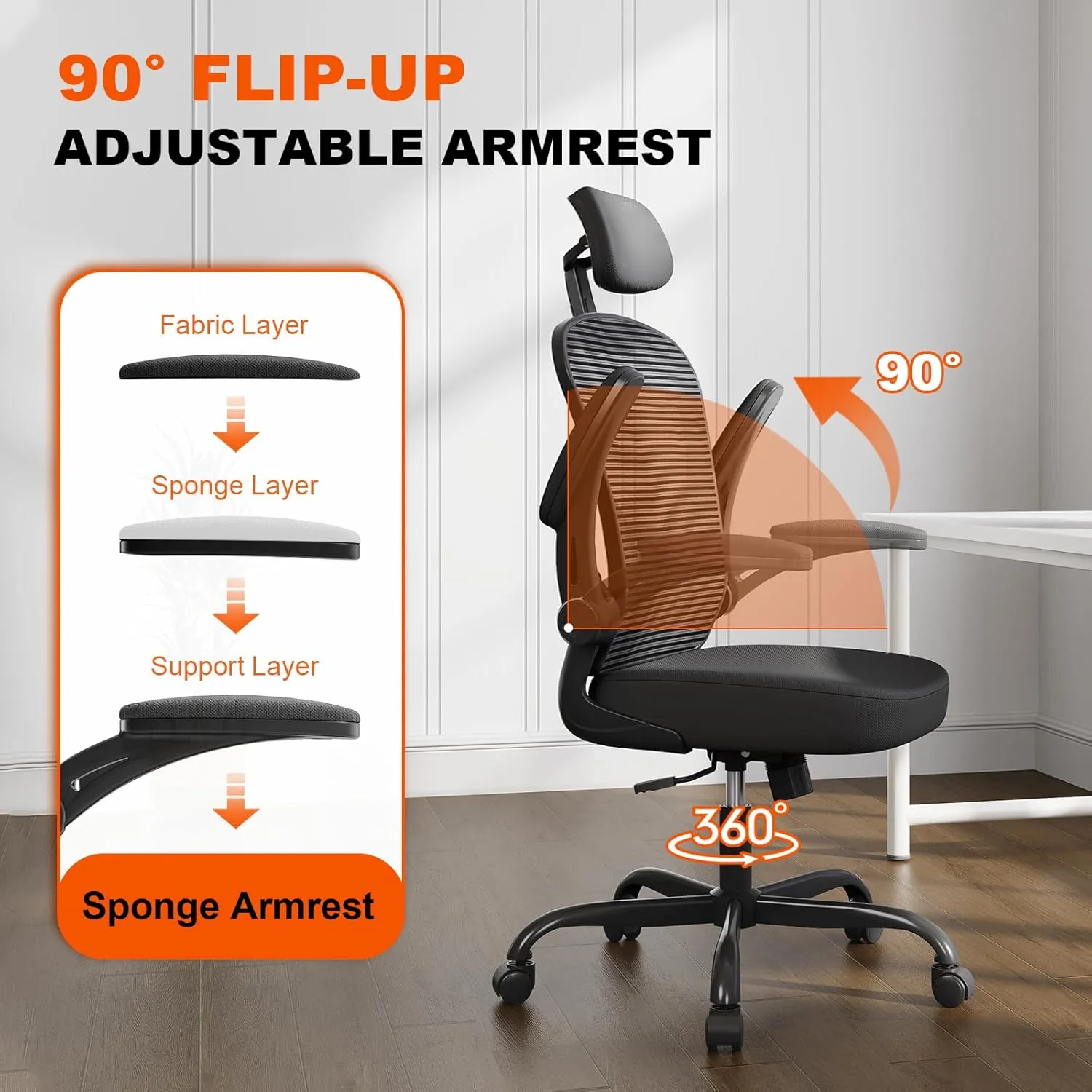 Office Chair Ergonomic Desk Chair, 330LBS Capacity, High Back Computer Chair for Long Hours Comfortable, Rolling Swivel Executive Task Chair for Home Office with Flip-up Armrests, Black