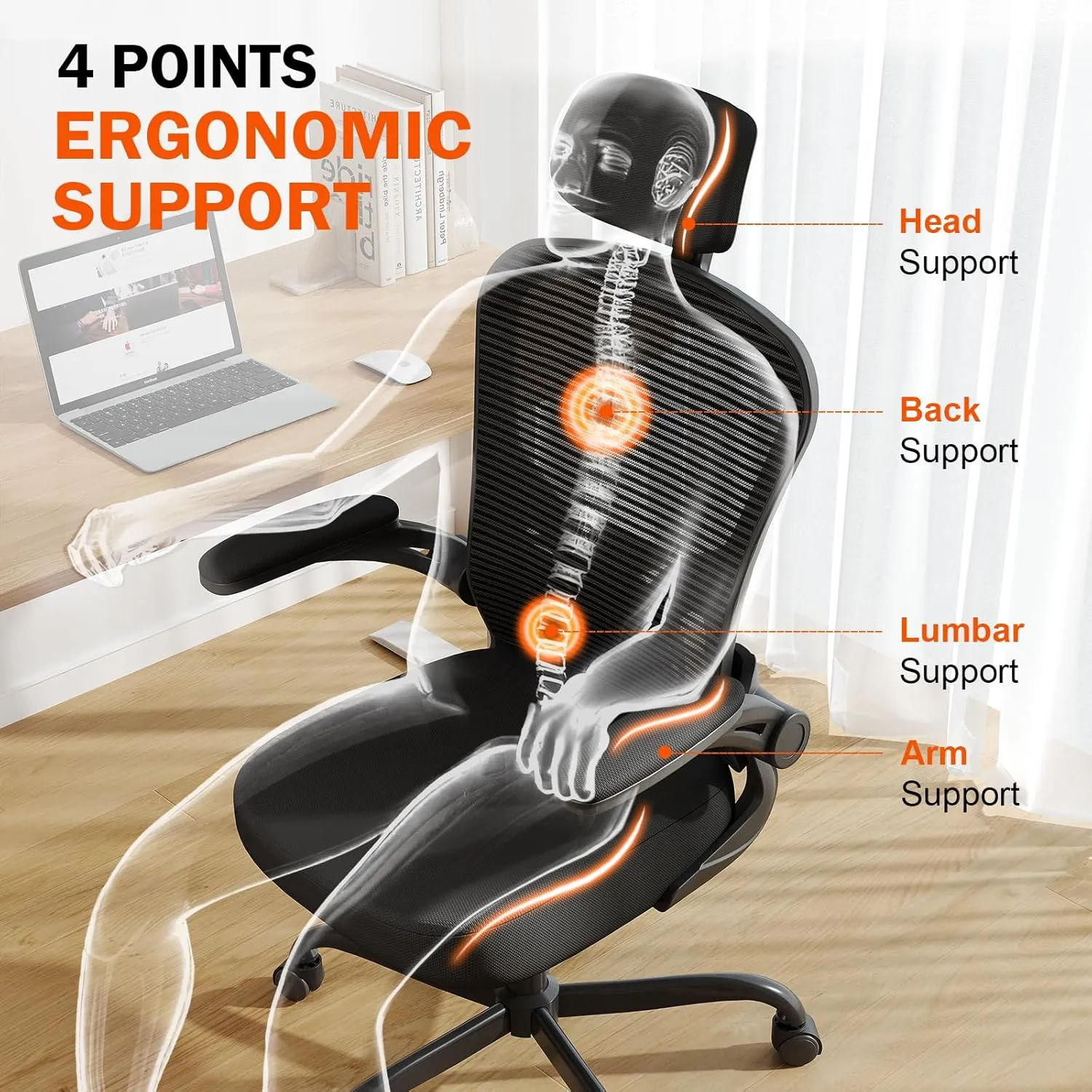 Office Chair Ergonomic Desk Chair, 330LBS Capacity, High Back Computer Chair for Long Hours Comfortable, Rolling Swivel Executive Task Chair for Home Office with Flip-up Armrests, Black