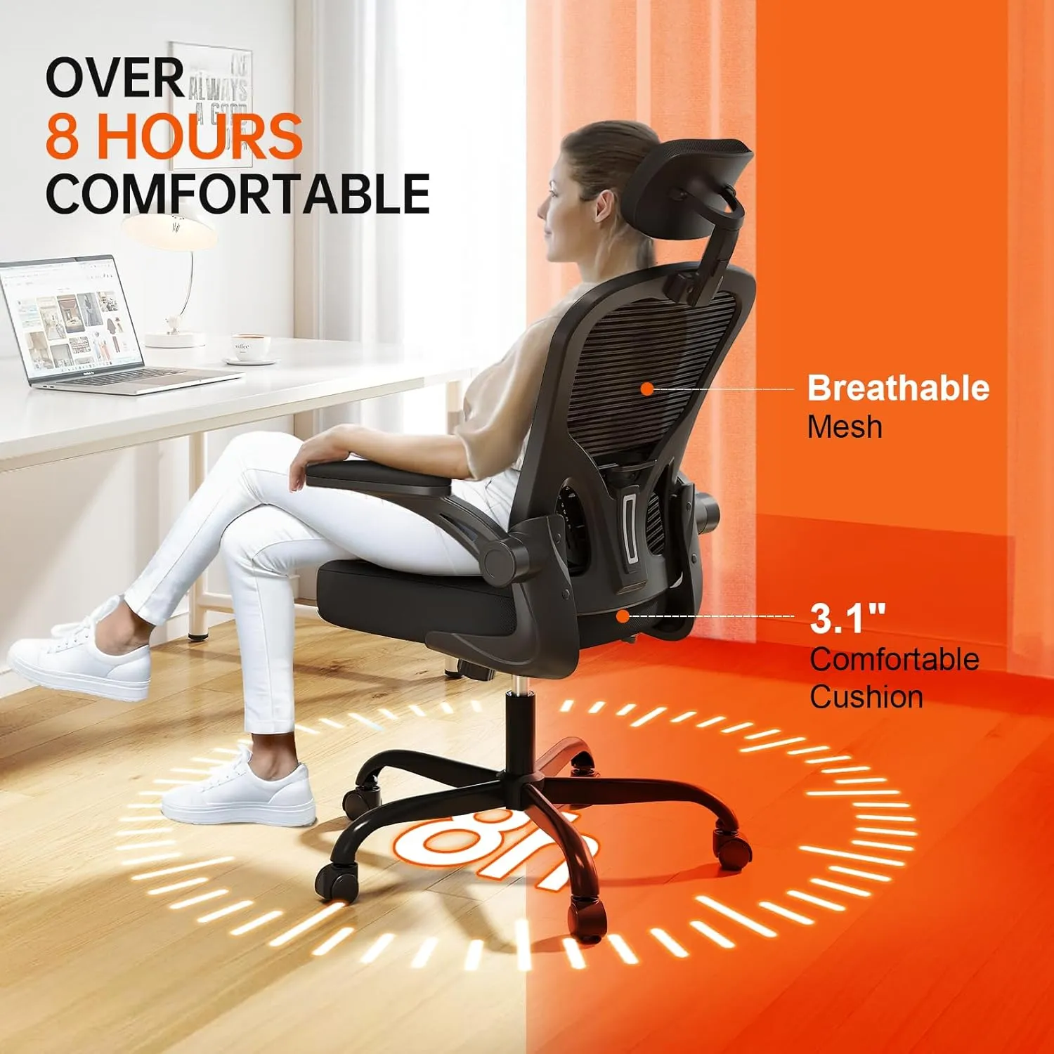 Office Chair Ergonomic Desk Chair, 330LBS Capacity, High Back Computer Chair for Long Hours Comfortable, Rolling Swivel Executive Task Chair for Home Office with Flip-up Armrests, Black