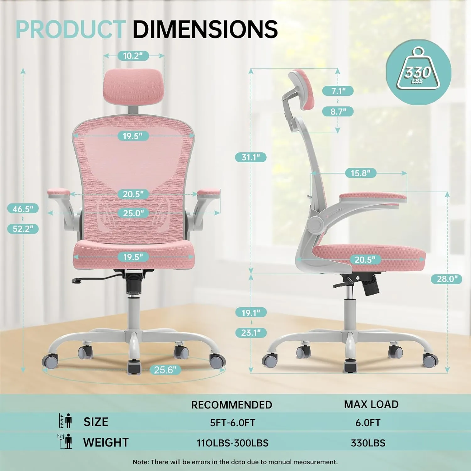 Office Chair Ergonomic Desk Chair, 330LBS Capacity, High Back Computer Chair for Long Hours Comfortable, Rolling Swivel Executive Task Chair for Home Office with Flip-up Armrests, Grey Pink