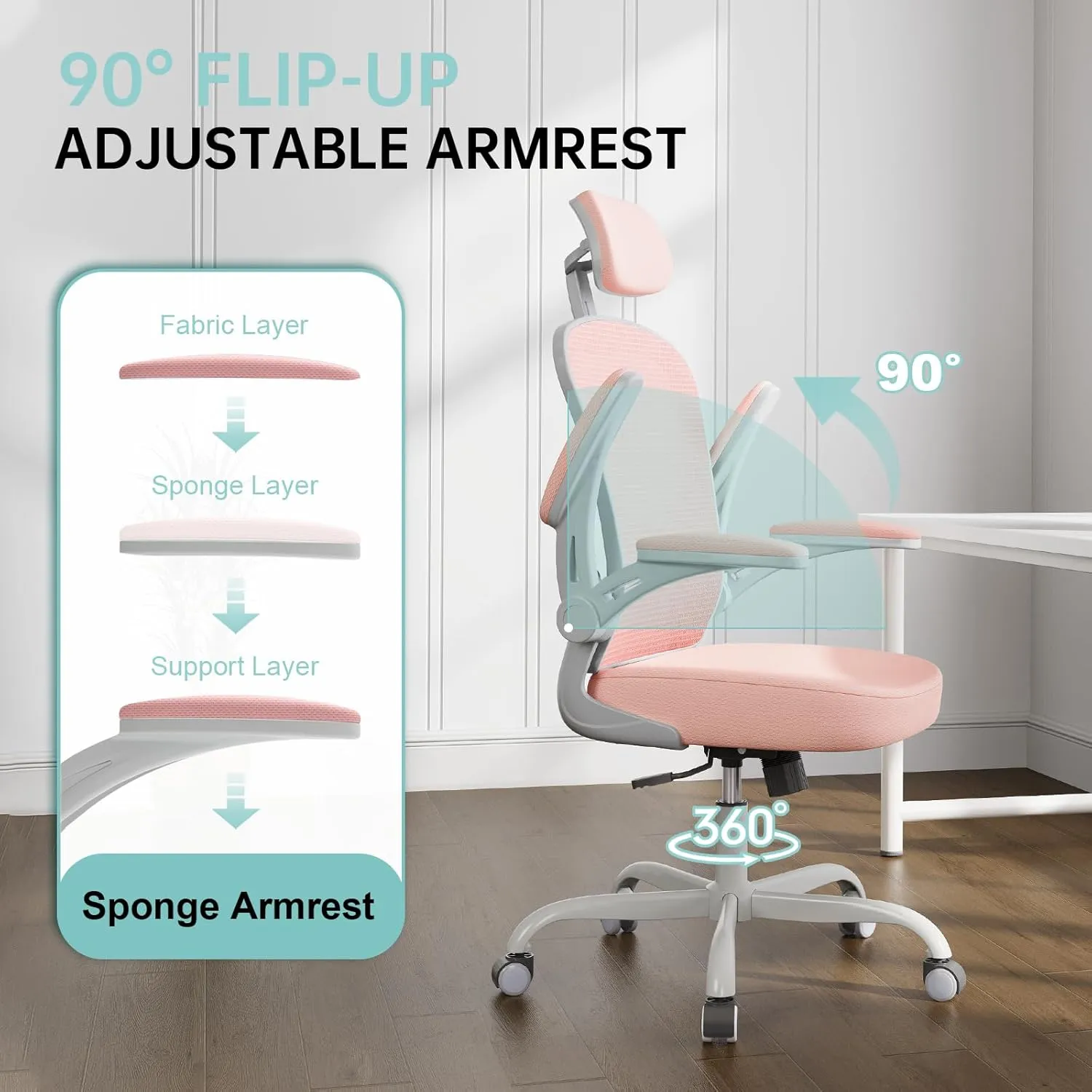 Office Chair Ergonomic Desk Chair, 330LBS Capacity, High Back Computer Chair for Long Hours Comfortable, Rolling Swivel Executive Task Chair for Home Office with Flip-up Armrests, Grey Pink