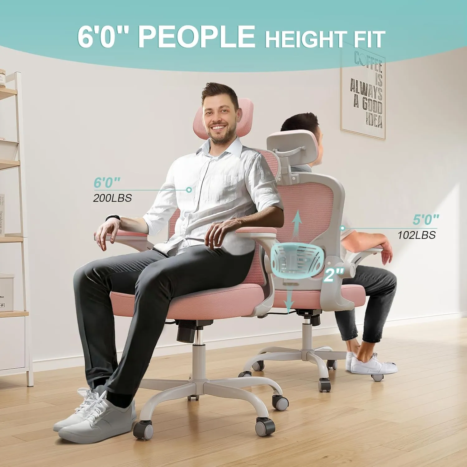 Office Chair Ergonomic Desk Chair, 330LBS Capacity, High Back Computer Chair for Long Hours Comfortable, Rolling Swivel Executive Task Chair for Home Office with Flip-up Armrests, Grey Pink