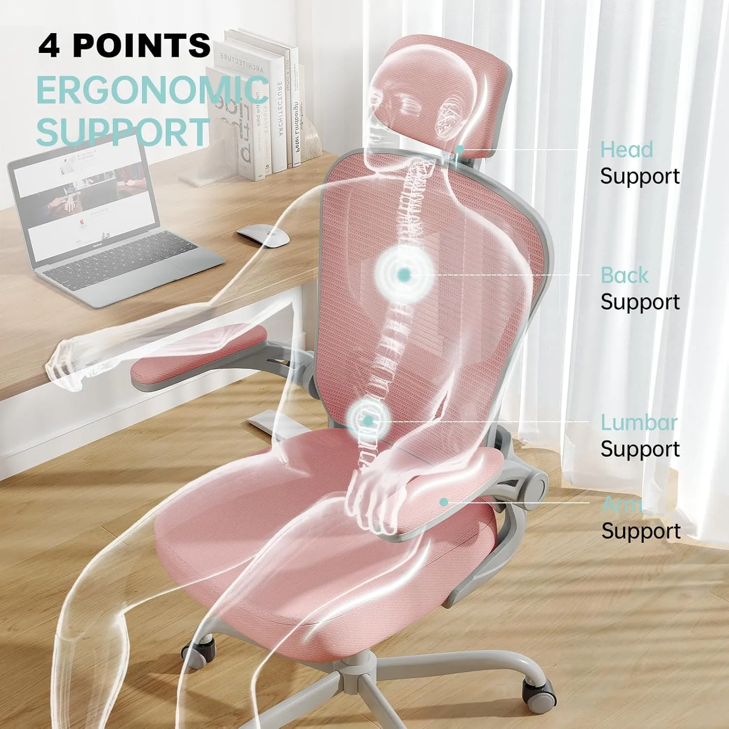 Office Chair Ergonomic Desk Chair, 330LBS Capacity, High Back Computer Chair for Long Hours Comfortable, Rolling Swivel Executive Task Chair for Home Office with Flip-up Armrests, Grey Pink