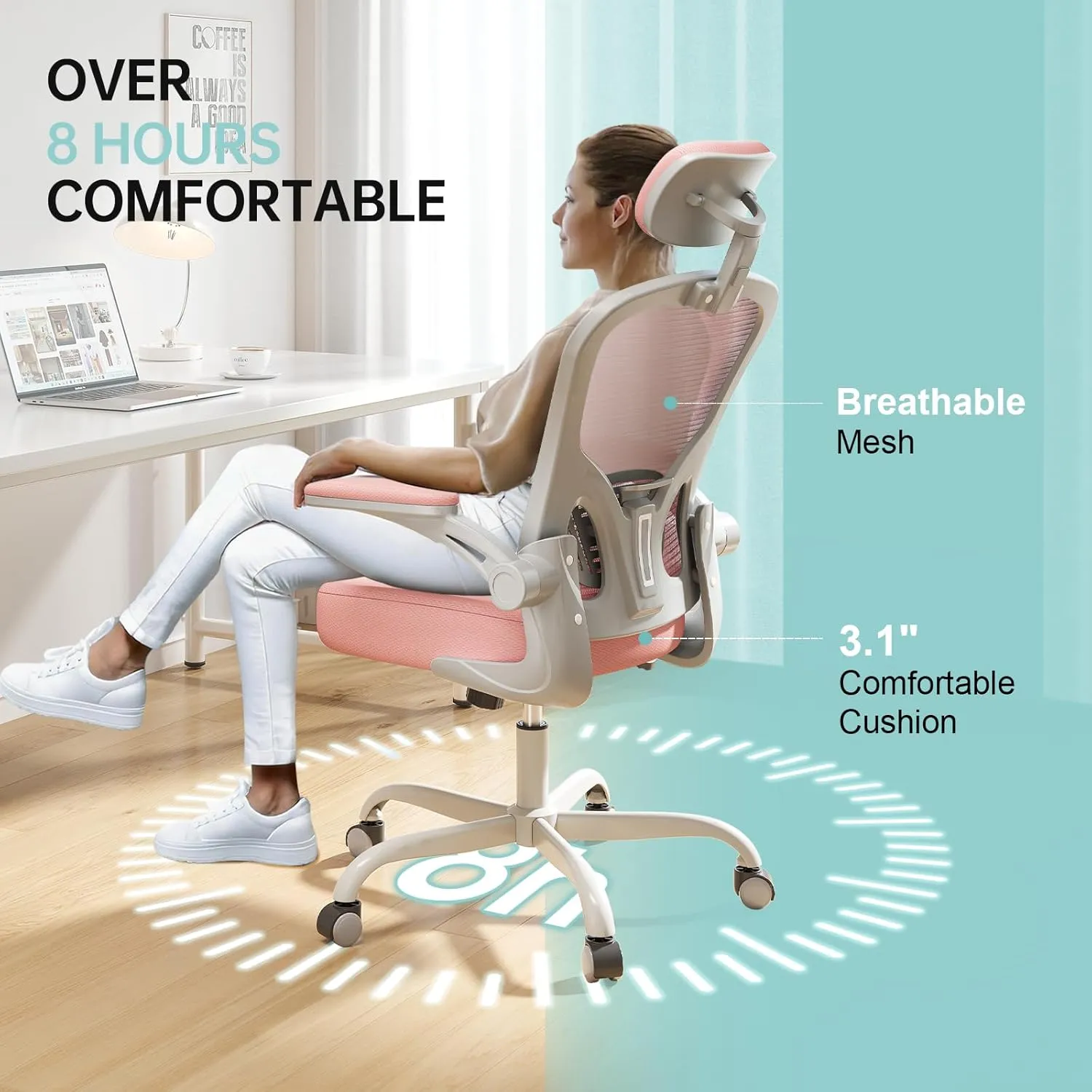 Office Chair Ergonomic Desk Chair, 330LBS Capacity, High Back Computer Chair for Long Hours Comfortable, Rolling Swivel Executive Task Chair for Home Office with Flip-up Armrests, Grey Pink