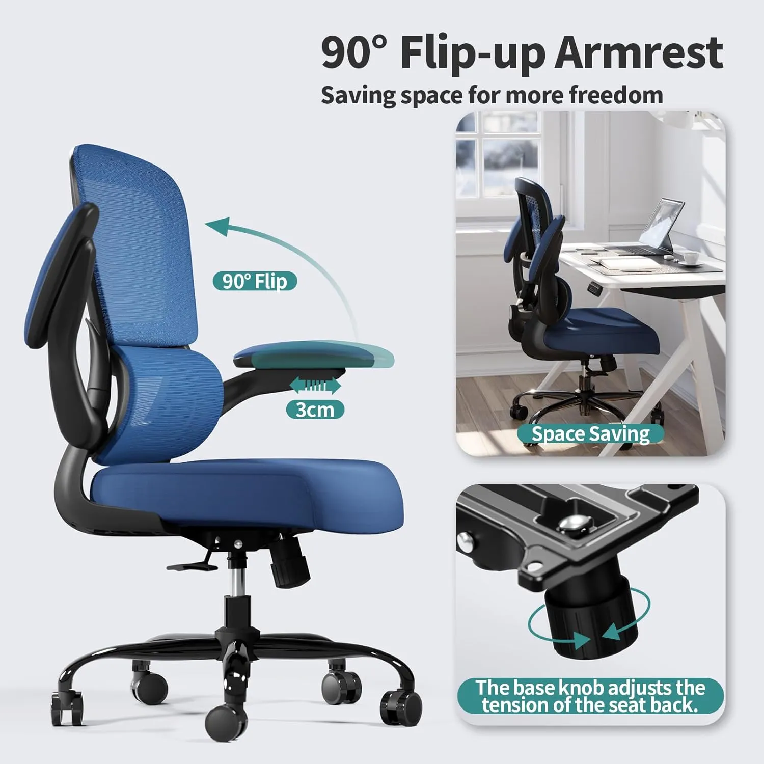 Office Chair - Ergonomic Desk Chair with Adjustable Lumbar Support, Mesh Computer Chair, Executive Chairs for Home Office Comfortable Lumbar Support (Deep Blue)