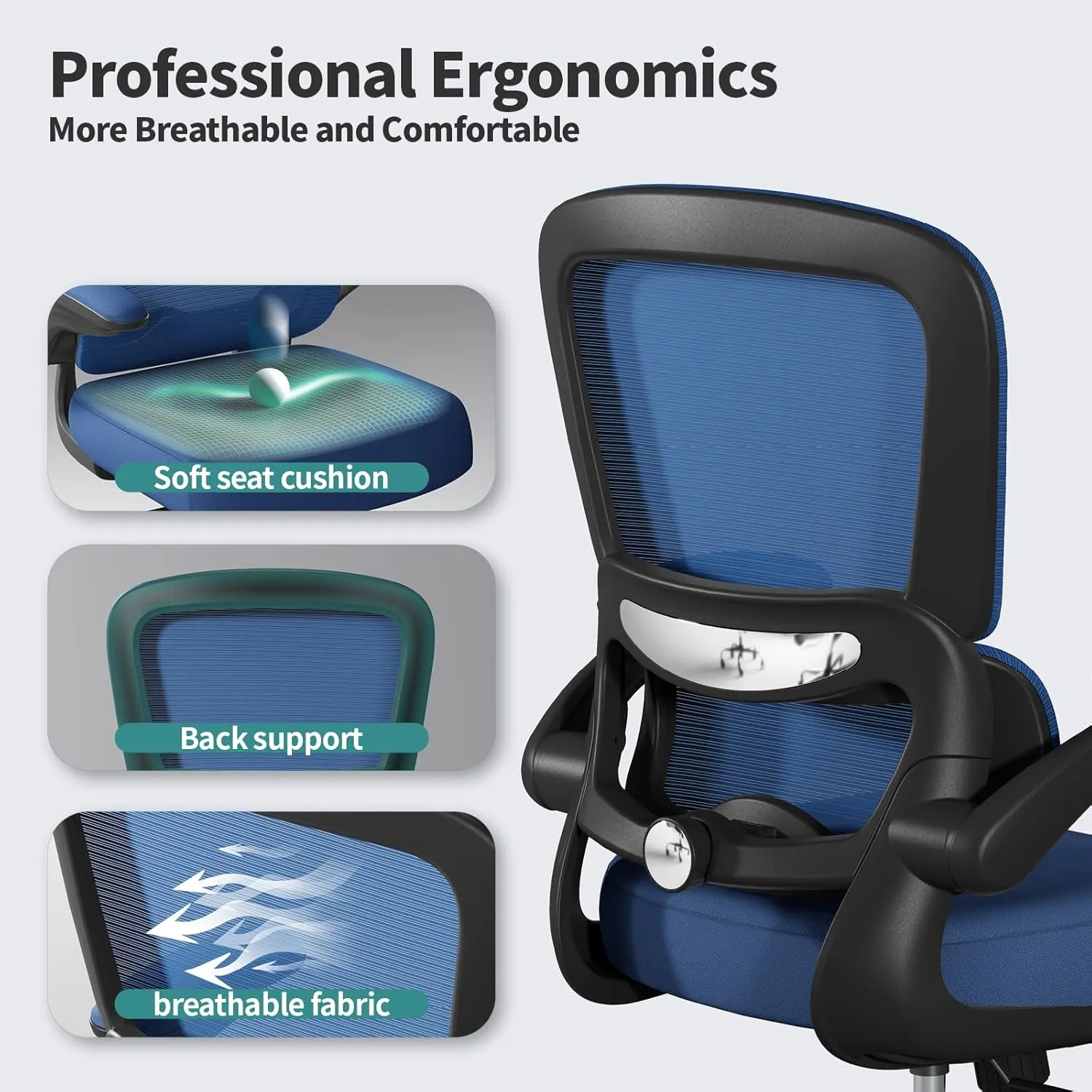 Office Chair - Ergonomic Desk Chair with Adjustable Lumbar Support, Mesh Computer Chair, Executive Chairs for Home Office Comfortable Lumbar Support (Deep Blue)
