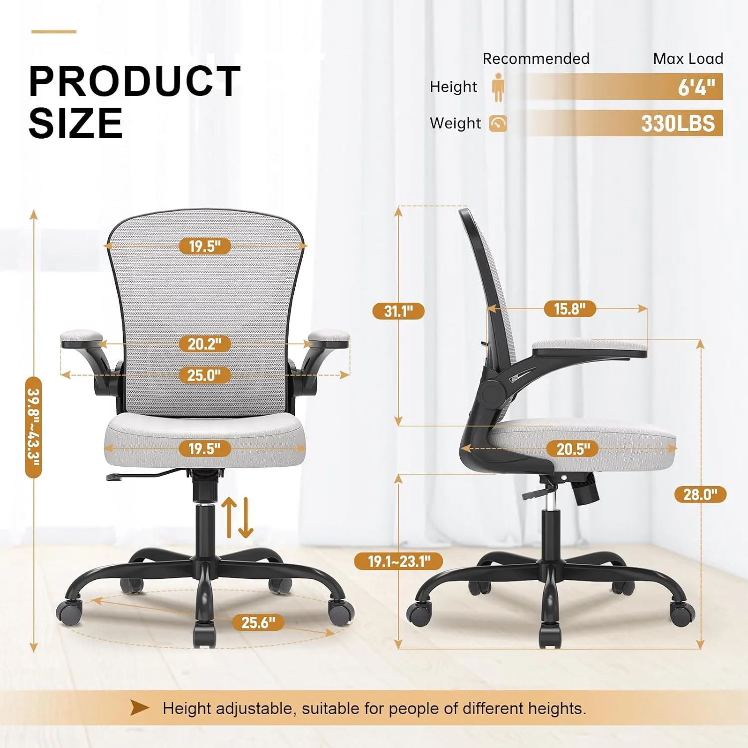 Office Chair, Ergonomic Desk Chairs 330LBS Capacity High Back Mesh Computer Chair with Flip-up Armrests, Comfy Work Chair with Adjustable Lumbar Support, Rolling Chair (Black Grey, One Size)