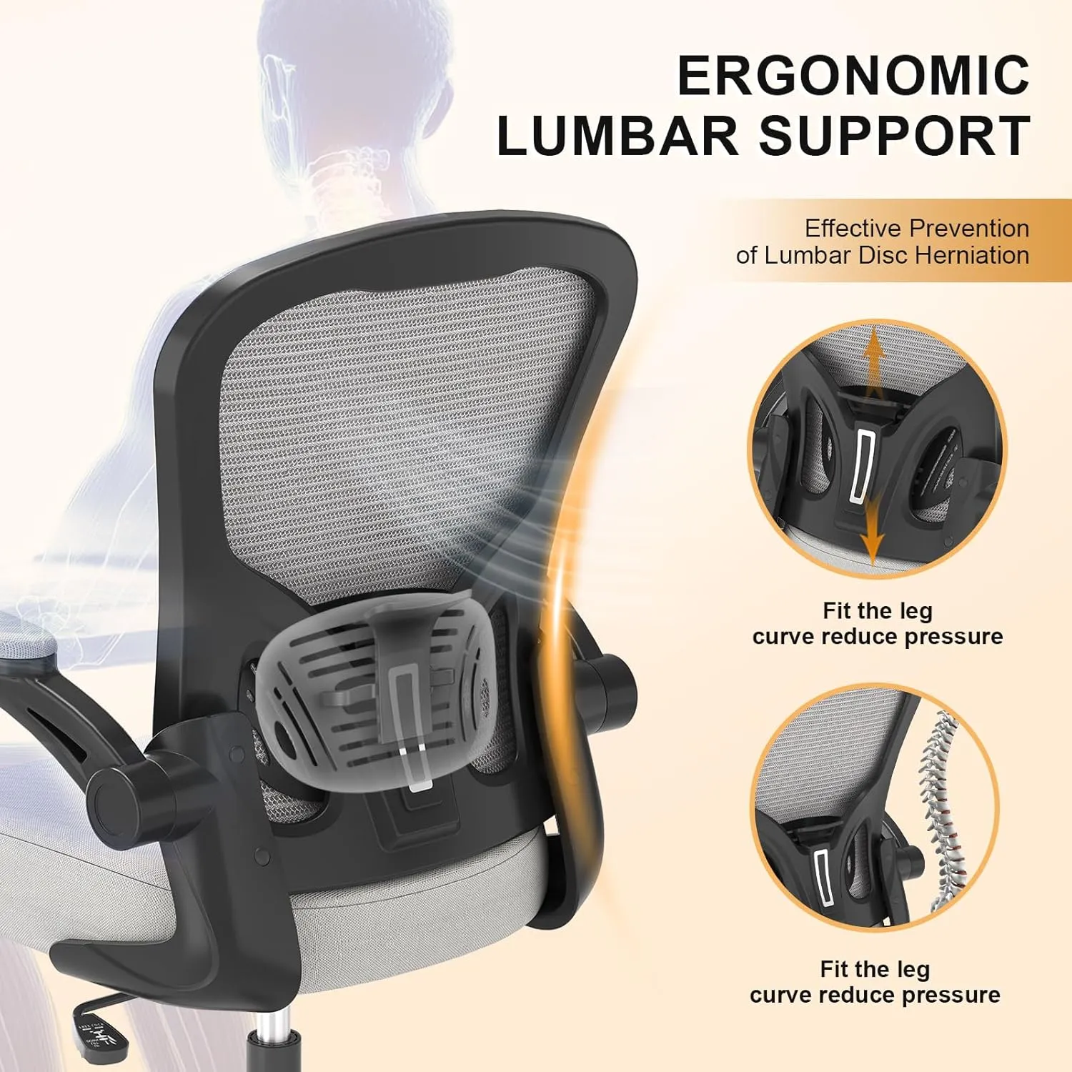 Office Chair, Ergonomic Desk Chairs 330LBS Capacity High Back Mesh Computer Chair with Flip-up Armrests, Comfy Work Chair with Adjustable Lumbar Support, Rolling Chair (Grey, One Size)