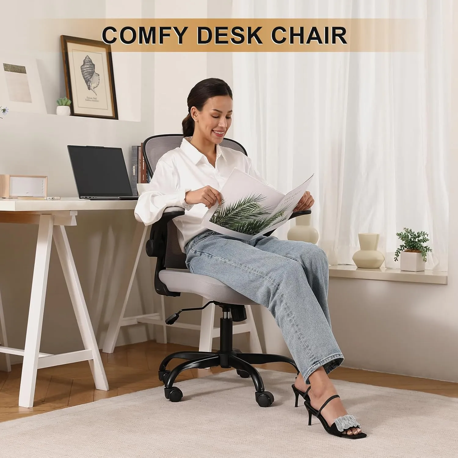 Office Chair, Ergonomic Desk Chairs 330LBS Capacity High Back Mesh Computer Chair with Flip-up Armrests, Comfy Work Chair with Adjustable Lumbar Support, Rolling Chair (Grey, One Size)