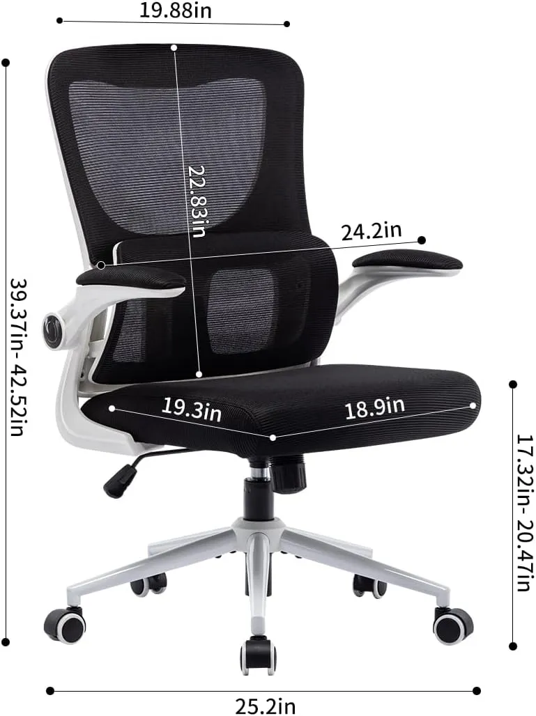 Office Chair Height-Adjustable Ergonomic Desk Chair with Self-Adaptive Lumbar Support, Breathable Mesh Computer Chair High Back Swivel Task Chair with Flip-up Armrests - White