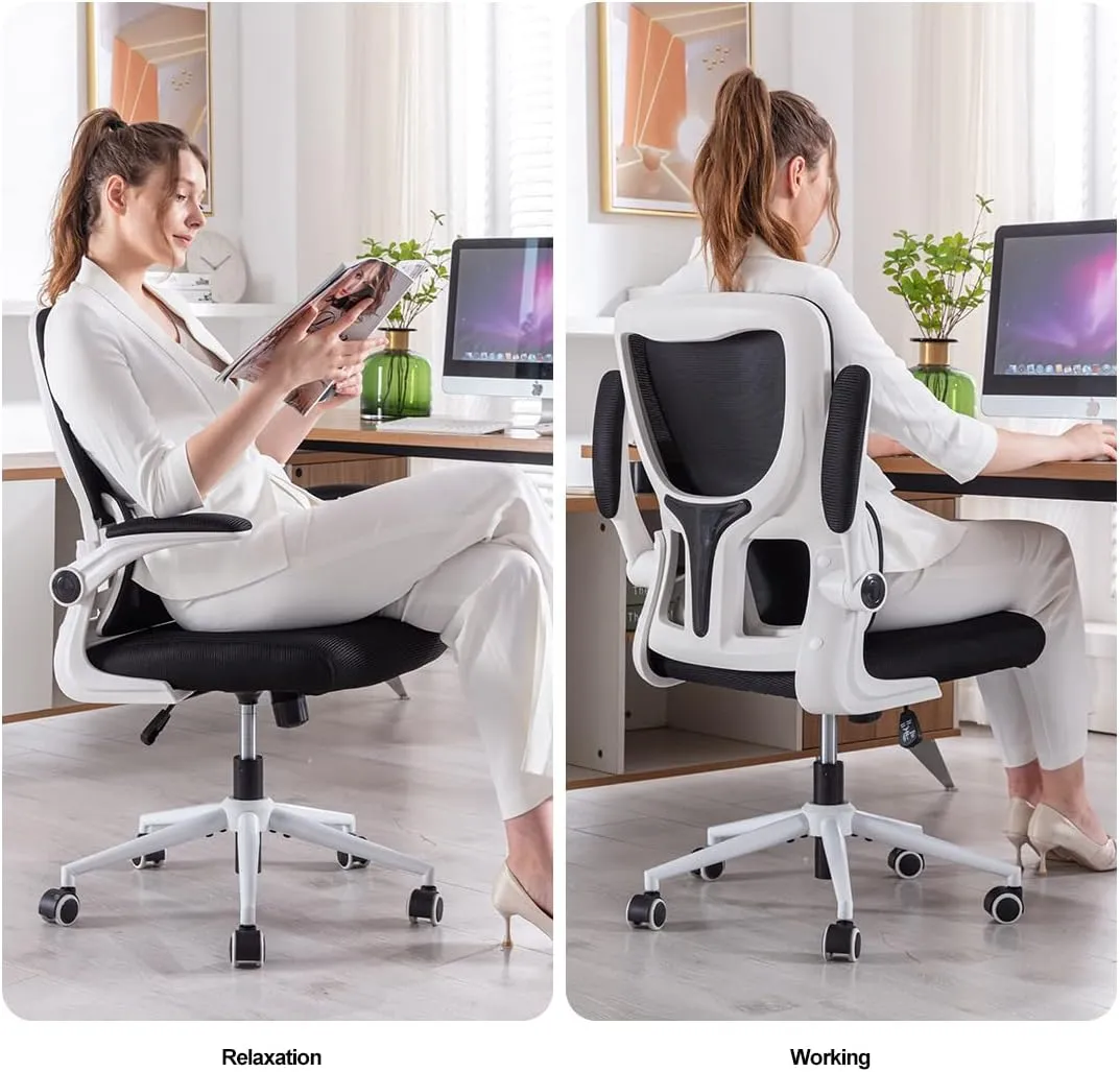 Office Chair Height-Adjustable Ergonomic Desk Chair with Self-Adaptive Lumbar Support, Breathable Mesh Computer Chair High Back Swivel Task Chair with Flip-up Armrests - White