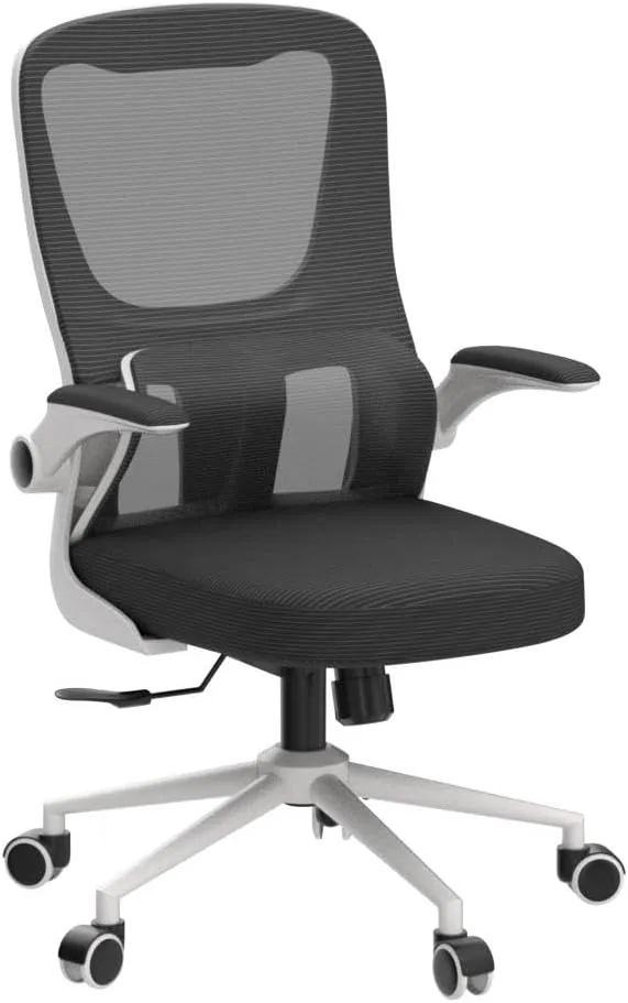 Office Chair Height-Adjustable Ergonomic Desk Chair with Self-Adaptive Lumbar Support, Breathable Mesh Computer Chair High Back Swivel Task Chair with Flip-up Armrests - White
