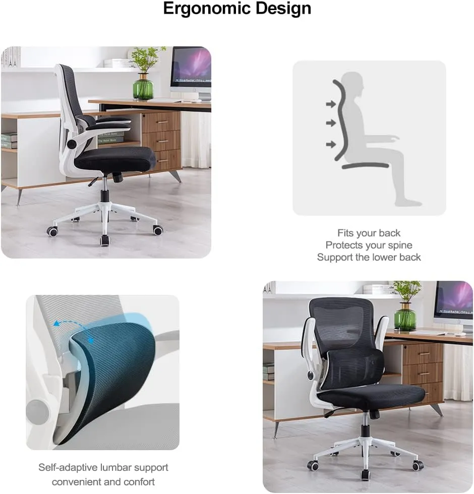 Office Chair Height-Adjustable Ergonomic Desk Chair with Self-Adaptive Lumbar Support, Breathable Mesh Computer Chair High Back Swivel Task Chair with Flip-up Armrests - White
