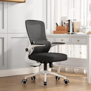 Office Chair Height-Adjustable Ergonomic Desk Chair with Self-Adaptive Lumbar Support, Breathable Mesh Computer Chair High Back Swivel Task Chair with Flip-up Armrests - White