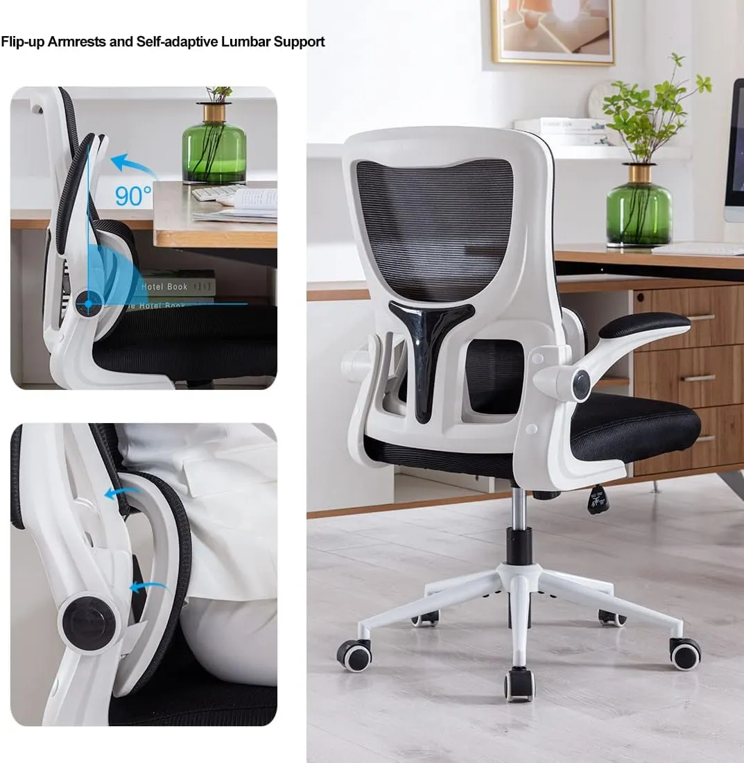 Office Chair Height-Adjustable Ergonomic Desk Chair with Self-Adaptive Lumbar Support, Breathable Mesh Computer Chair High Back Swivel Task Chair with Flip-up Armrests - White