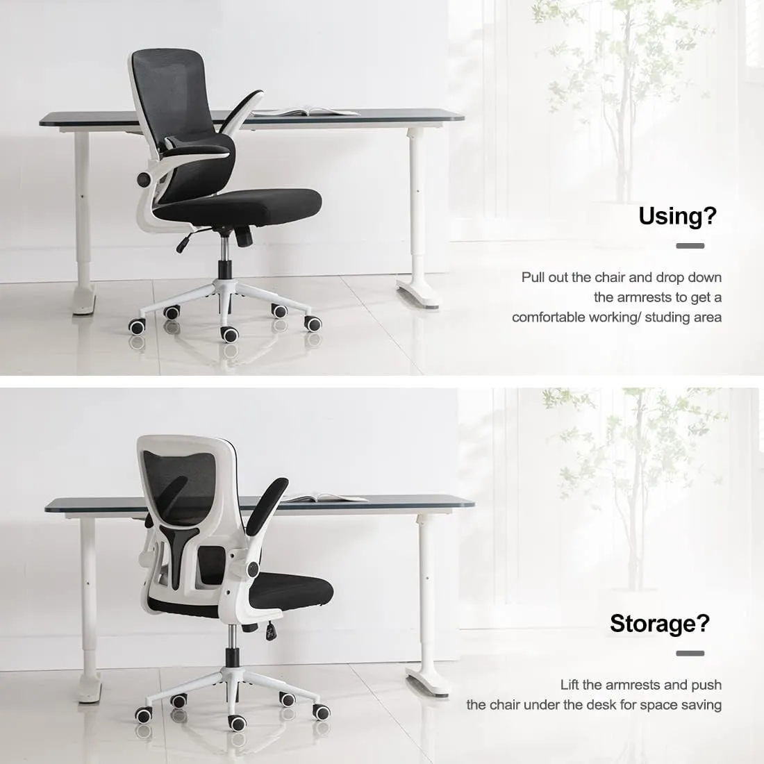 Office Chair Height-Adjustable Ergonomic Desk Chair with Self-Adaptive Lumbar Support, Breathable Mesh Computer Chair High Back Swivel Task Chair with Flip-up Armrests - White