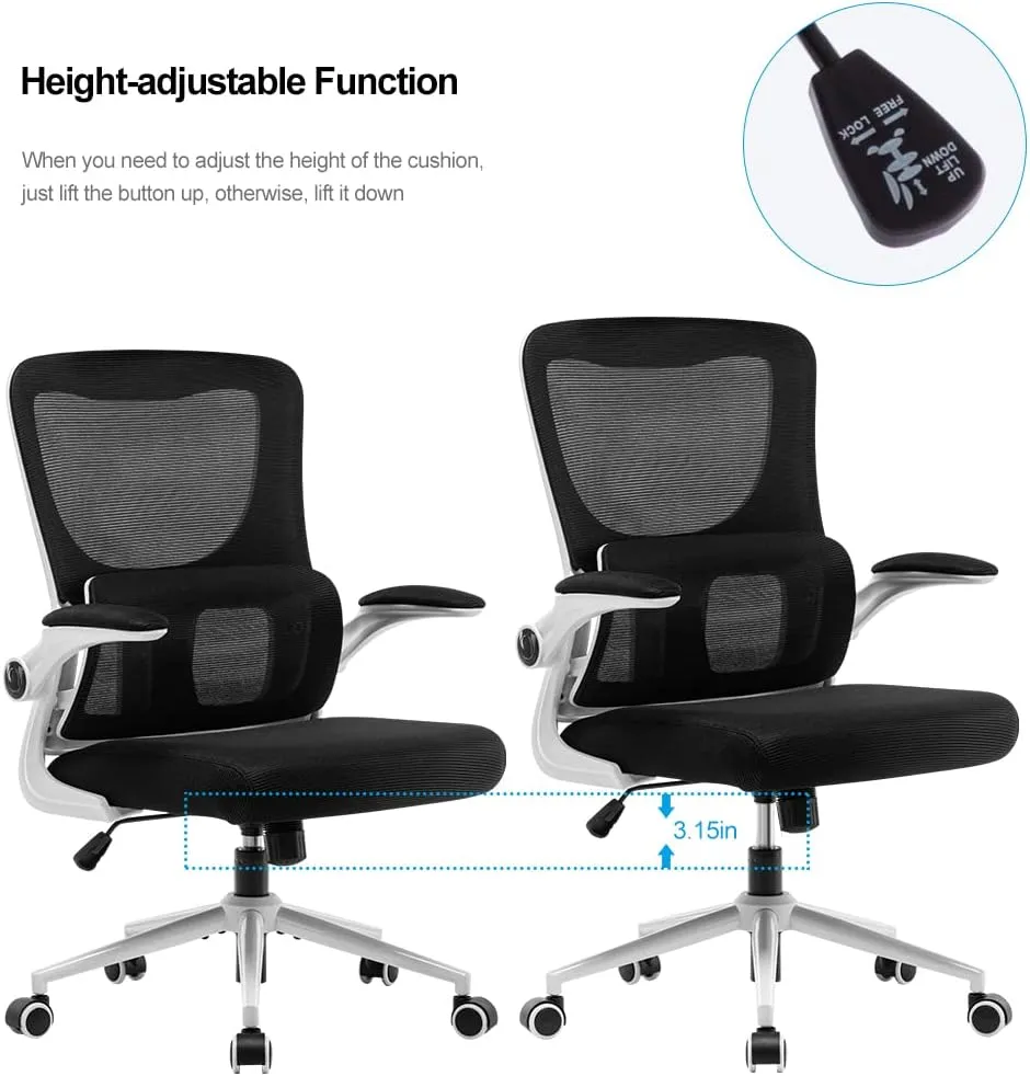 Office Chair Height-Adjustable Ergonomic Desk Chair with Self-Adaptive Lumbar Support, Breathable Mesh Computer Chair High Back Swivel Task Chair with Flip-up Armrests - White