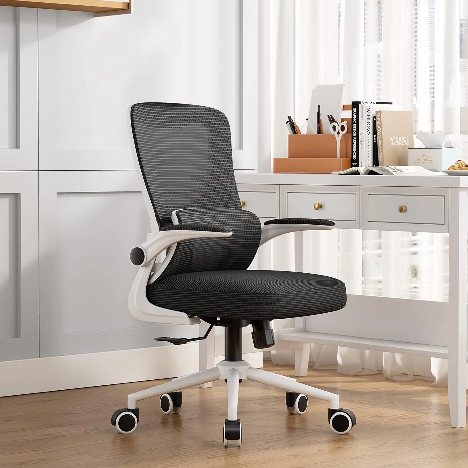 Office Chair Height-Adjustable Ergonomic Desk Chair with Self-Adaptive Lumbar Support, Breathable Mesh Computer Chair High Back Swivel Task Chair with Flip-up Armrests - White
