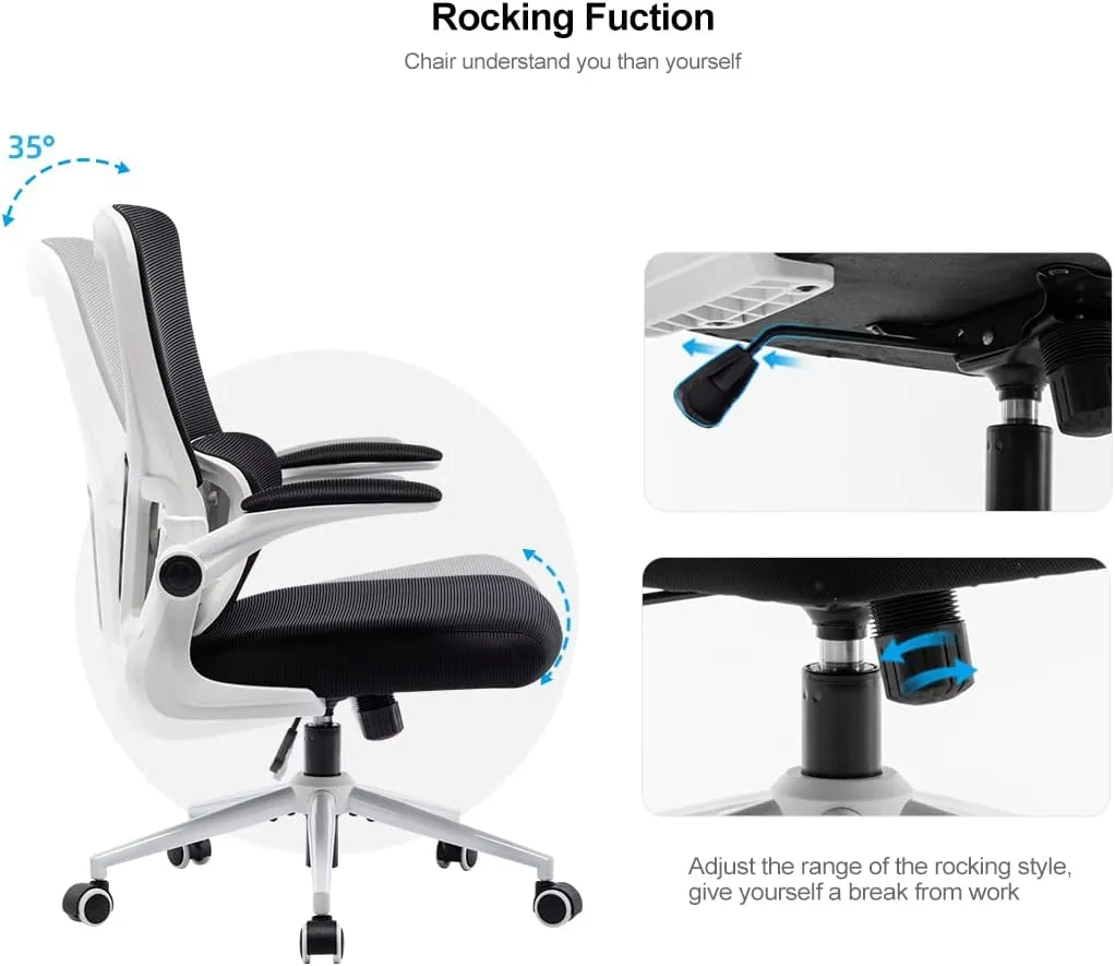 Office Chair Height-Adjustable Ergonomic Desk Chair with Self-Adaptive Lumbar Support, Breathable Mesh Computer Chair High Back Swivel Task Chair with Flip-up Armrests - White