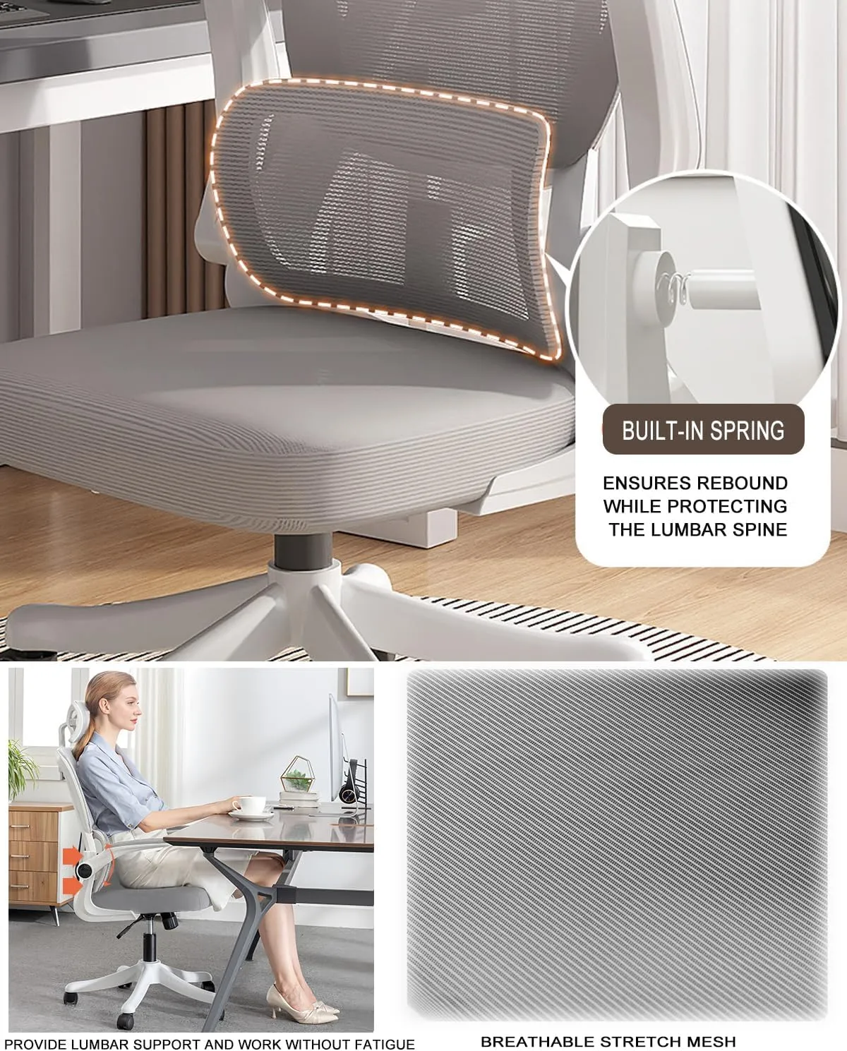 Office Chair Mesh Desk Chair, Ergonomic High-Back Rolling Gaming Work Chairs with Wheels and Adjustable Headrests,Comfortable Flip-up Arms for Home,Bedroom,Study Gaming