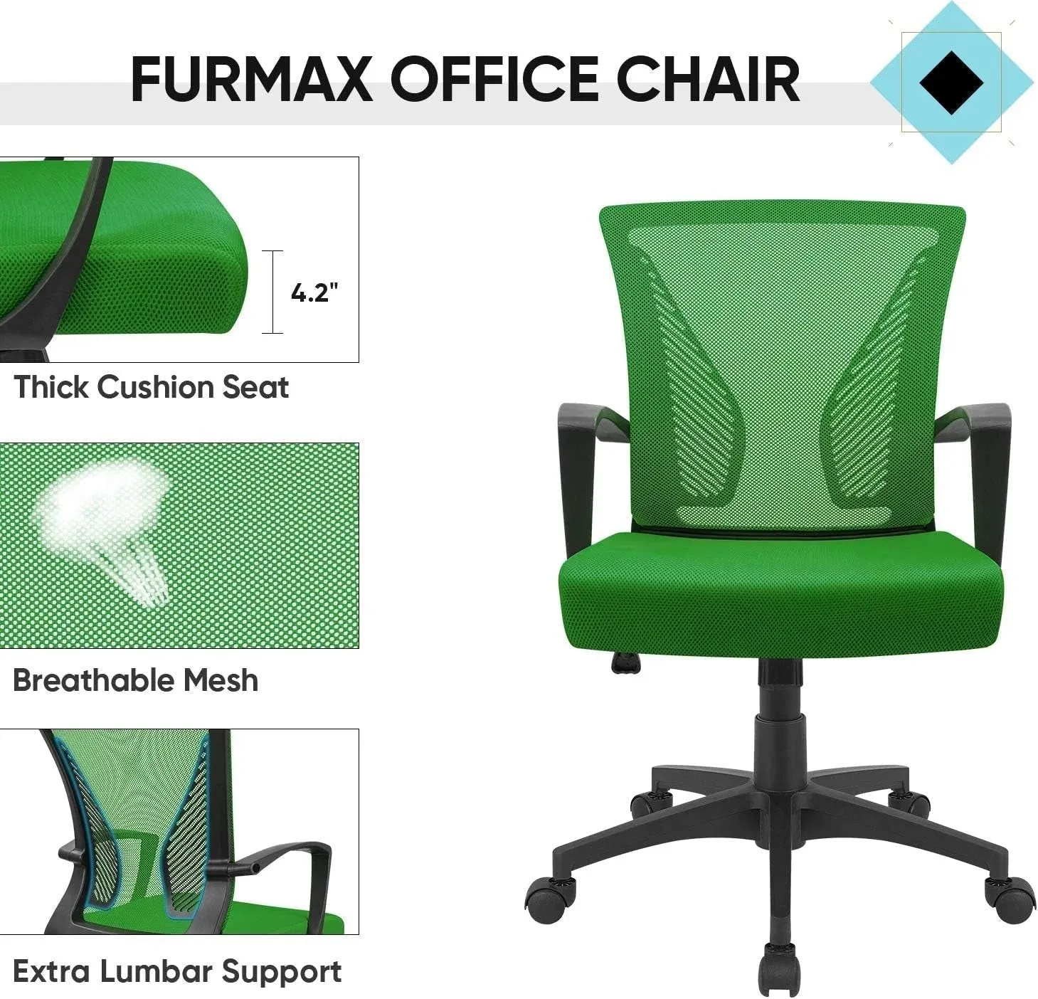 Office Chair Mid Back Swivel Lumbar Support Desk Chair, Computer