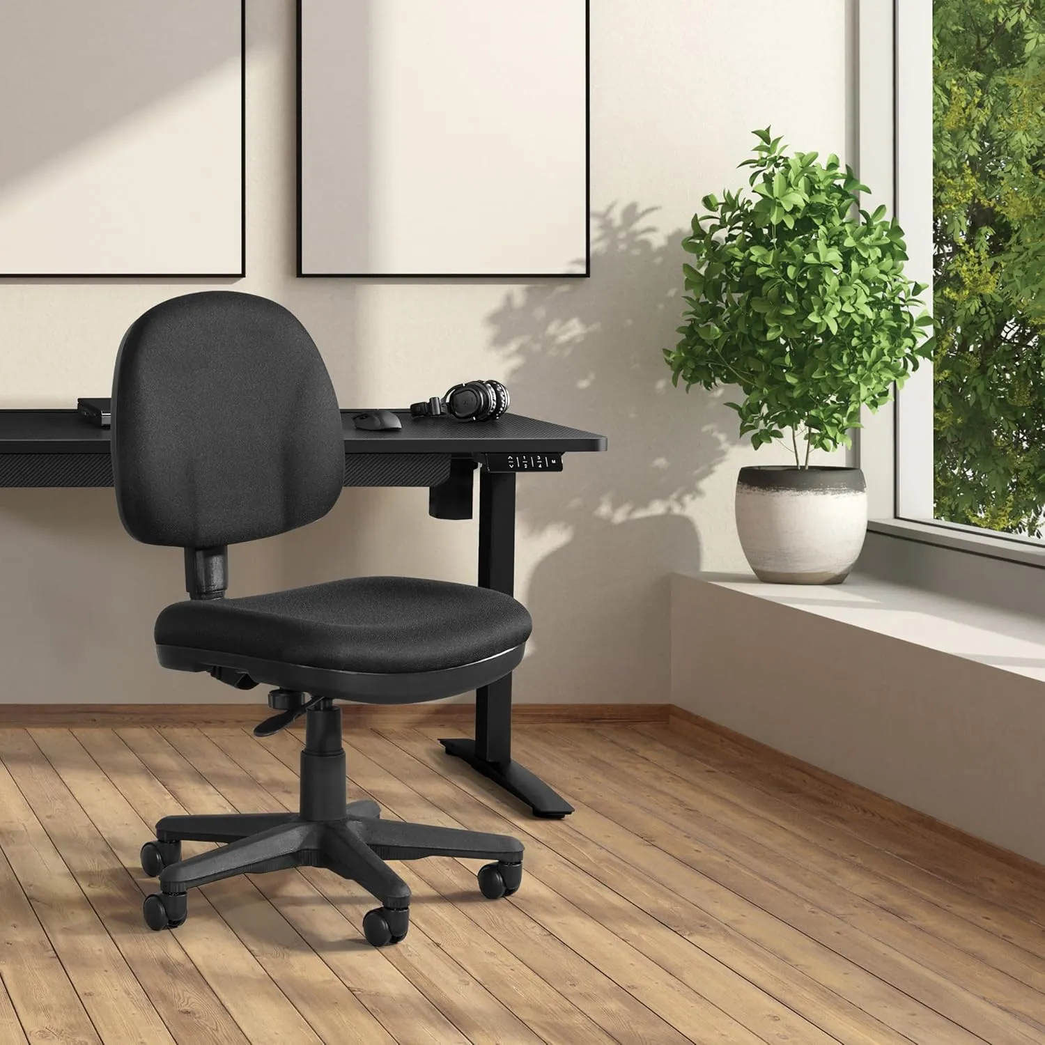 Office Star Pneumatic Sculptured Office Task Chair with Thick Padded Seat and Built-in Lumbar Support, Black